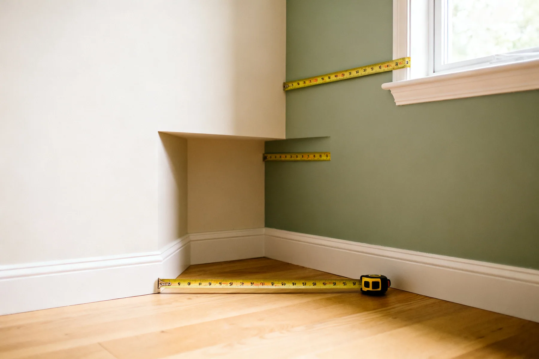 Measure the width three times, use the smallest An empty alcove with tape measures held horizontally at floor, mid and ceiling height, showing the width being checked in three places