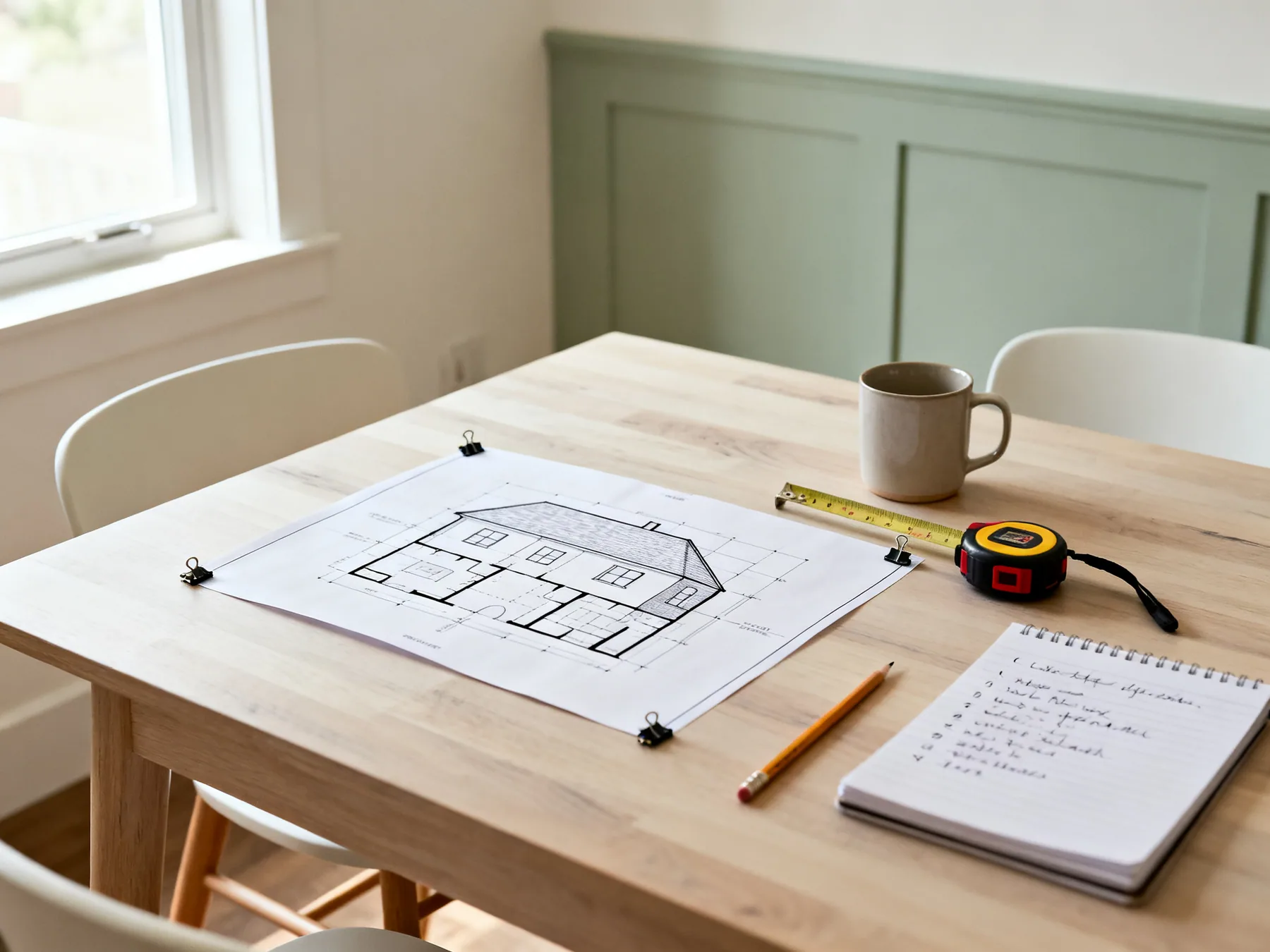 Planning a whole house before buying anything A dining table with a paper house floor plan weighted at the corners, a tape measure, a pencil and a notebook of handwritten notes