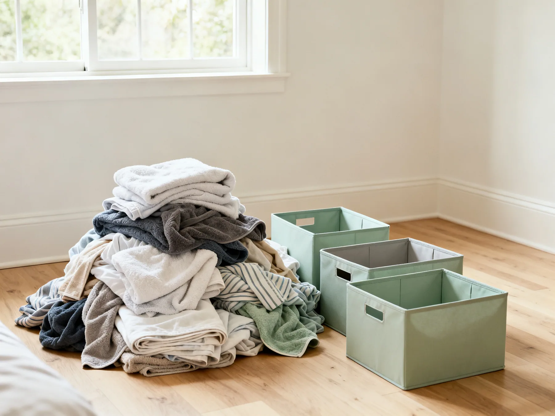 One category, gathered from the whole house Every towel and bedsheet in a house gathered into one pile on a bedroom floor beside three empty open boxes, mid-sort