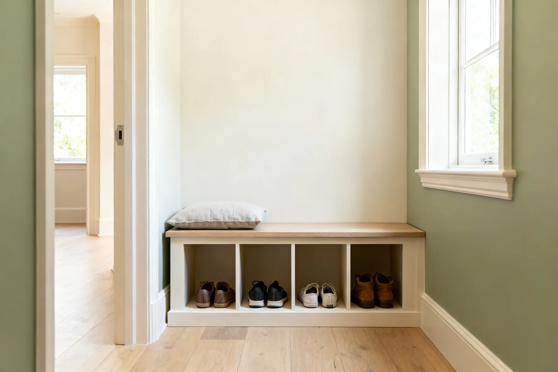 Somewhere to sit is what makes shoes get put away A shallow hallway bench about 350mm deep with open shoe cubbies underneath holding four pairs of shoes, with clear passage past it