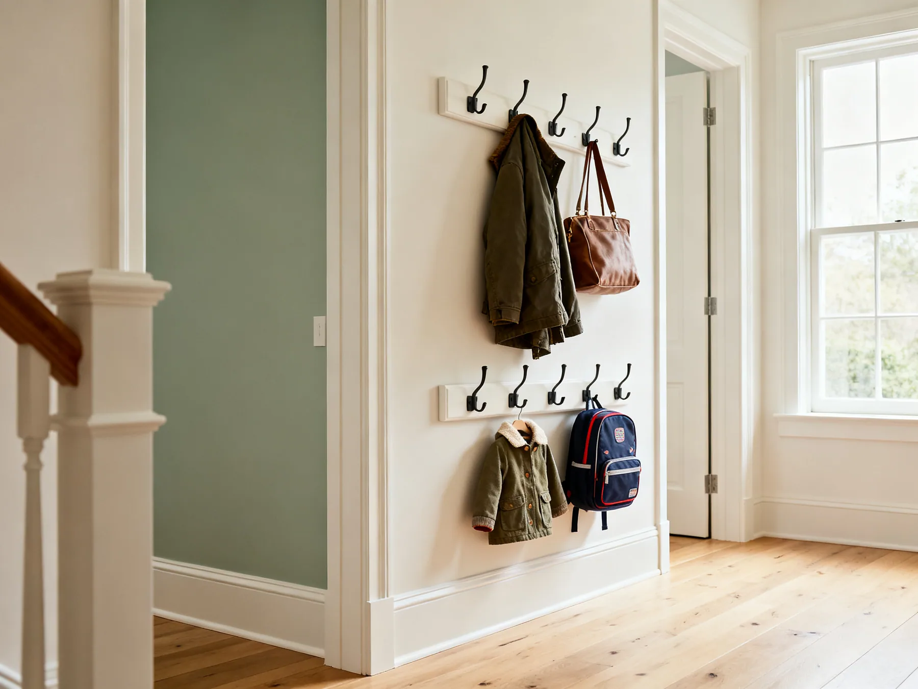 Two heights, because children cannot reach yours A hallway wall with coat hooks at adult shoulder height holding coats and a lower row at child height holding a small coat and school bag