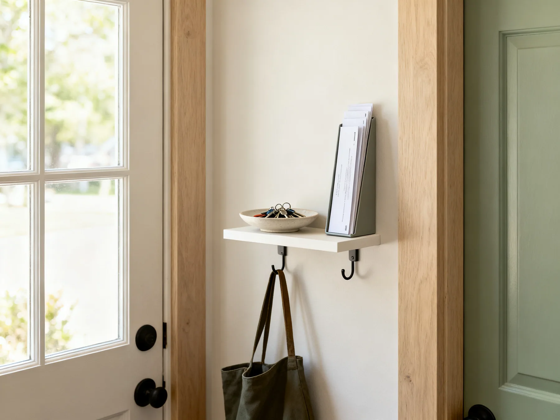 A landing spot for keys and post A small wall shelf inside a front door holding a dish of keys and a slim upright tray of letters, with a hook beneath for a bag