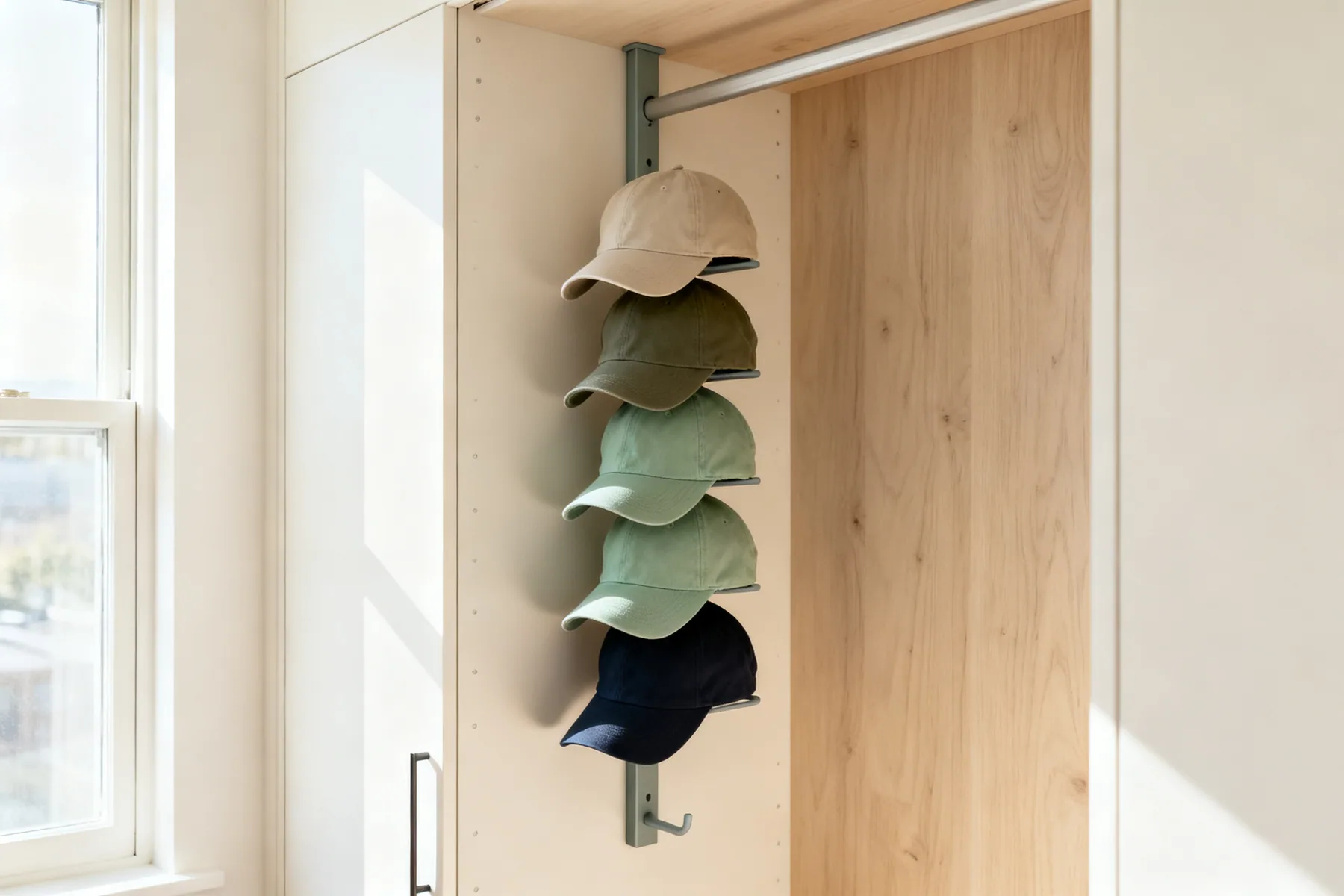 Caps stack, and the door is free space A slim vertical rack inside a wardrobe door holding six baseball caps stacked front to back, each holding its curved peak