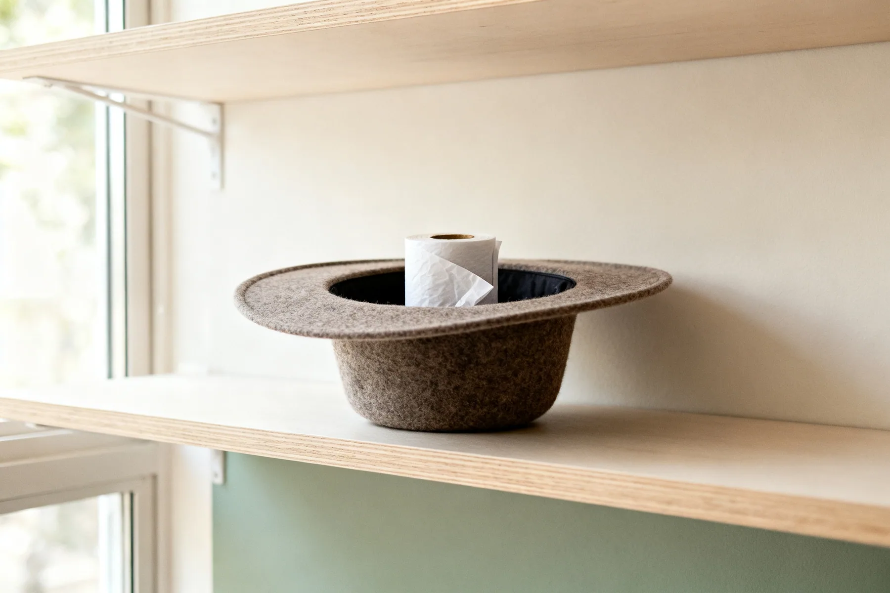 Upside down, tissue in the crown A felt fedora resting upside down on its crown with acid-free tissue tucked inside to hold its shape, the brim clear of the shelf surface