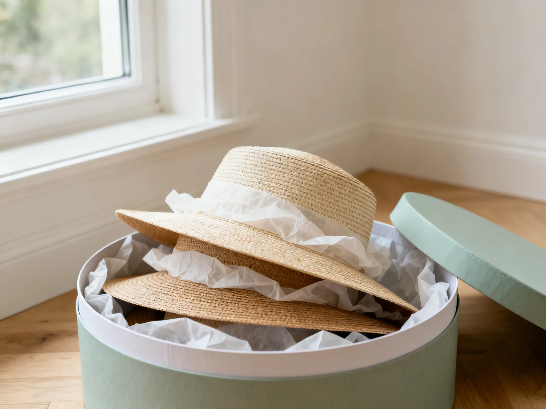 Nest them, but put tissue between Three sun hats nested inside one another with acid-free tissue between each layer, sitting inside an open round hat box