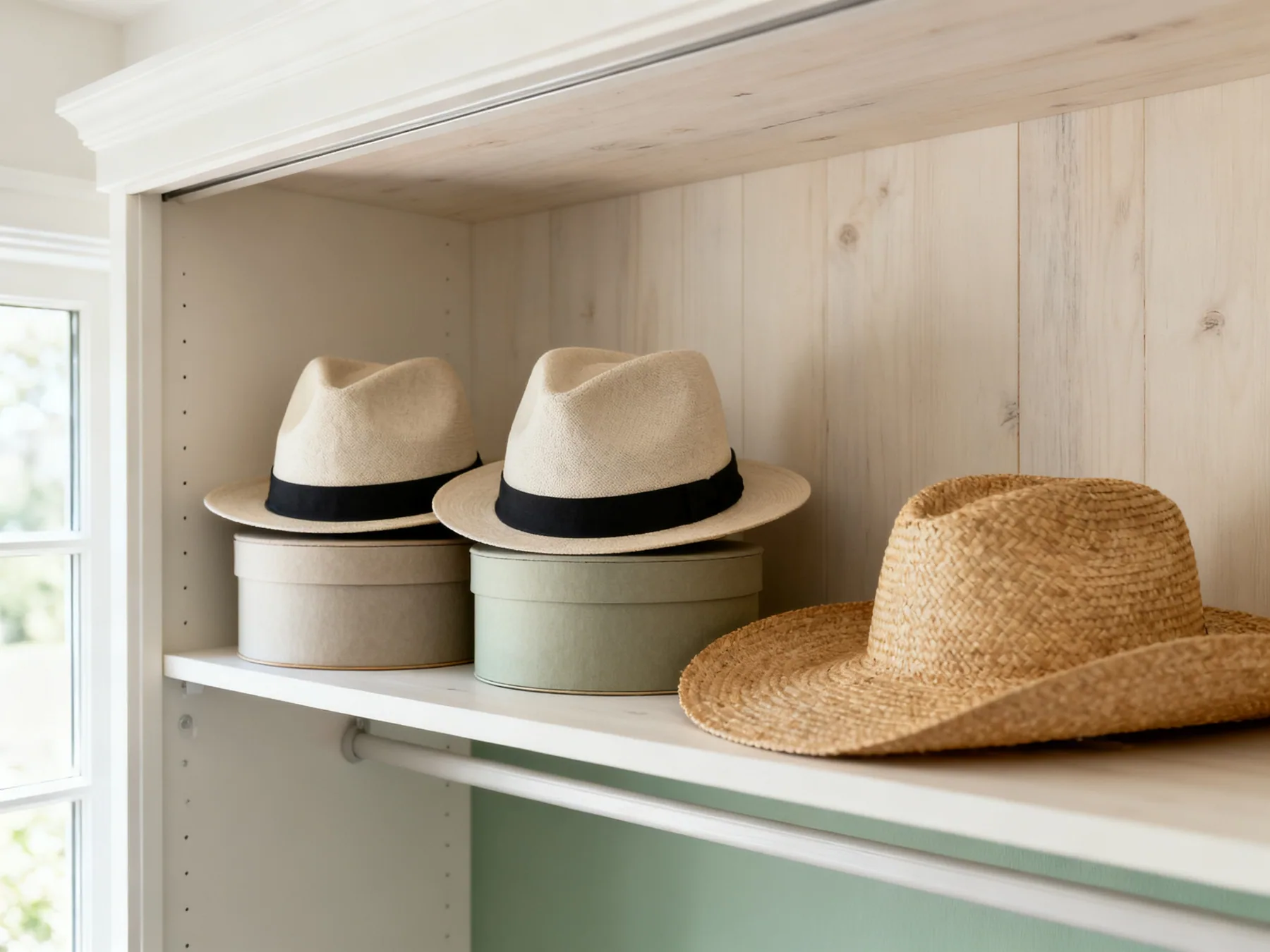 Hat storage is entirely about the brim A wardrobe shelf with two structured hats resting upside down on their crowns, a stacked pair of round hat boxes, and a wide-brimmed straw hat lying flat