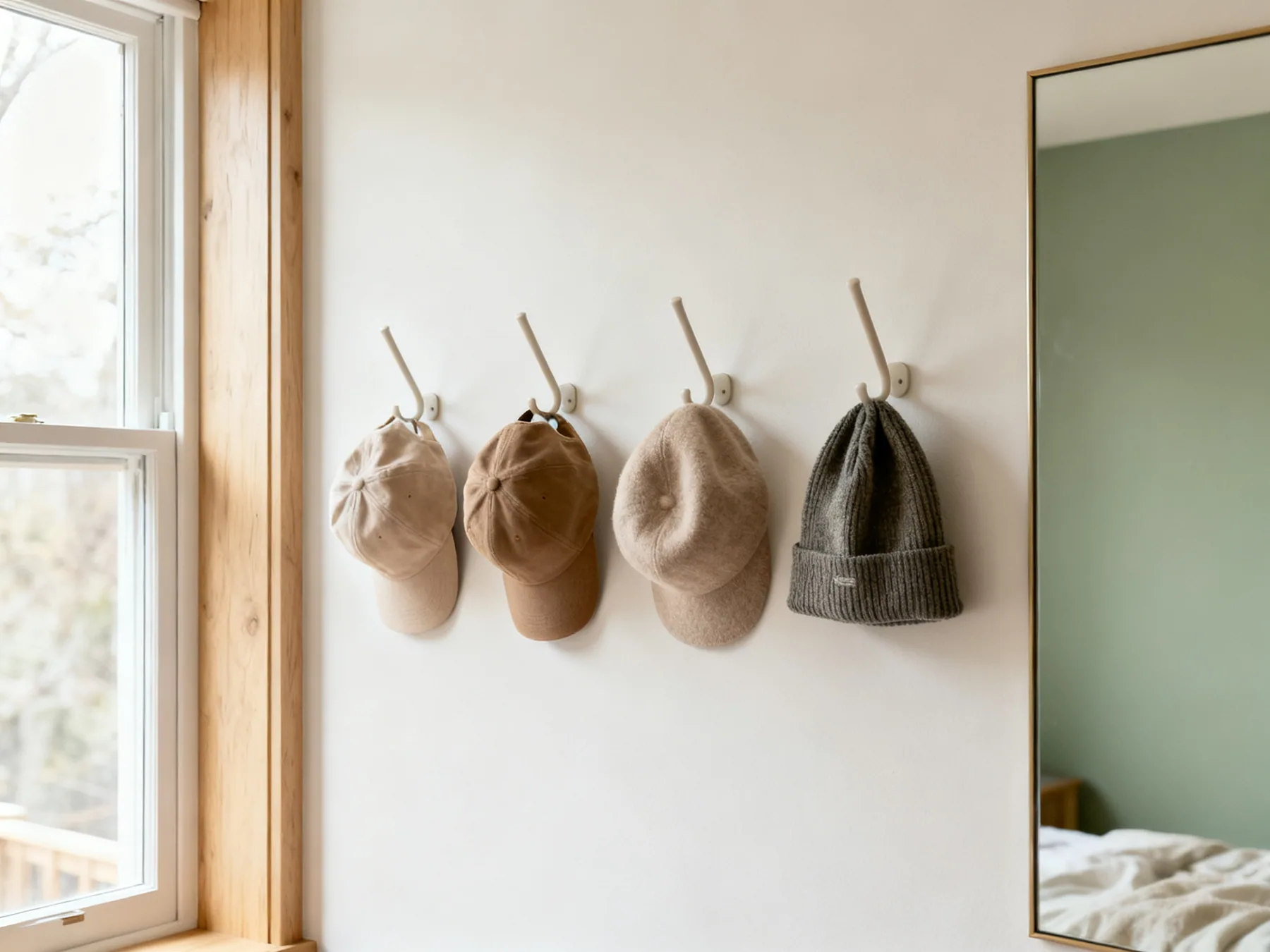 Hooks for soft hats only A row of four slim wall hooks at head height holding soft hats and a beanie hanging flat against the wall beside a mirror