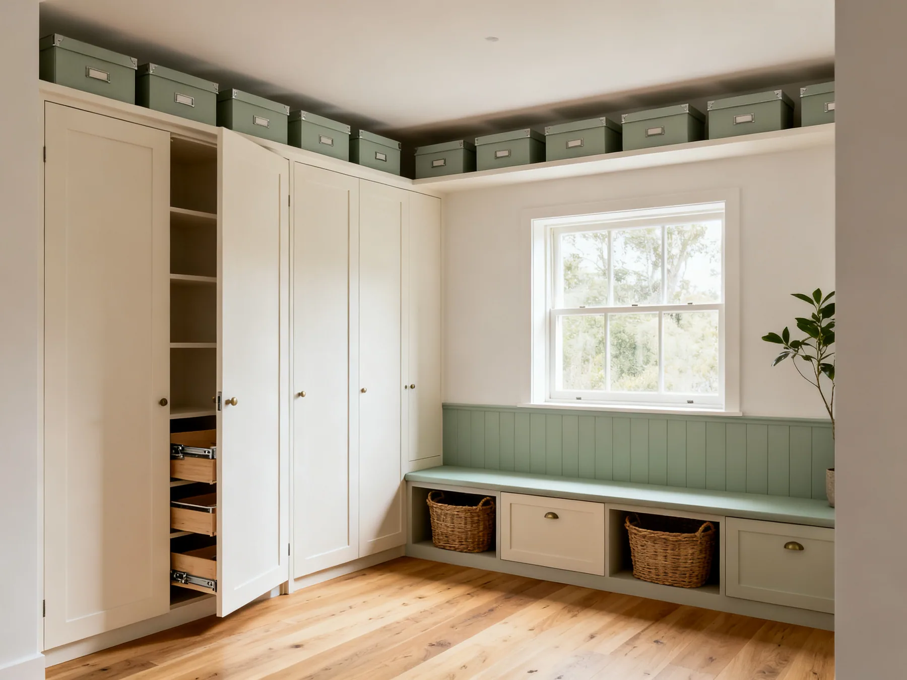 Storage planned into a room rather than added to it A well organised corner of a home with full-height fitted joinery, one door open showing pull-out shelving, cabinets under a window seat with baskets beneath, and a high shelf of matching lidded boxes above door height