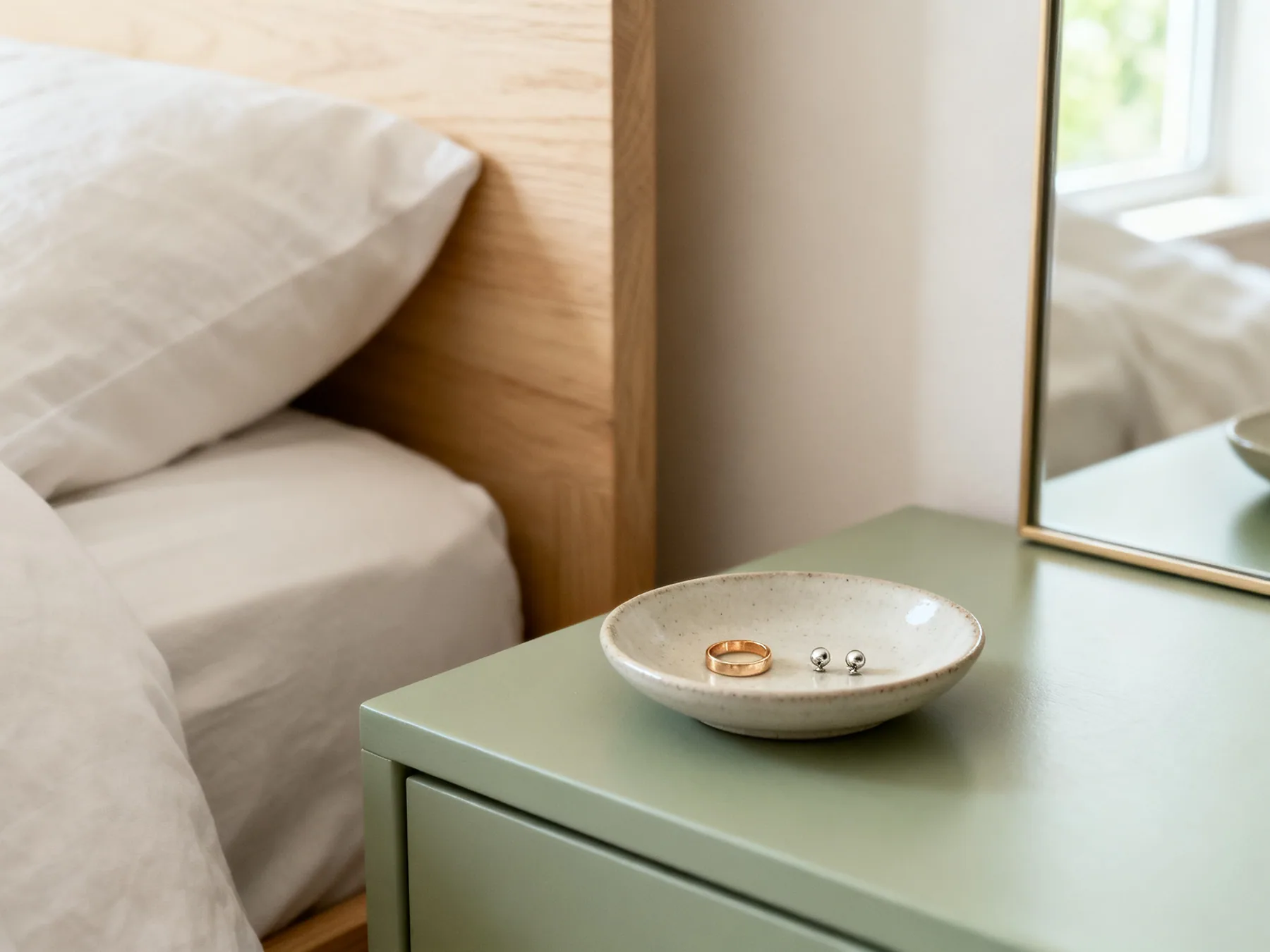 A dish where you take them off A small shallow ceramic dish on a bedside surface holding one ring and a pair of stud earrings