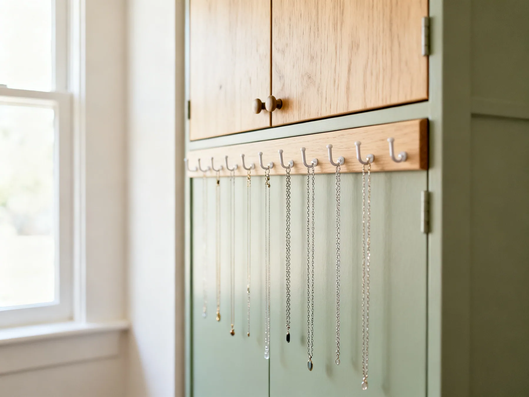 Hang chains, never lay them together Small hooks inside a cabinet door with necklaces hung individually, each chain hanging straight and clear of its neighbours