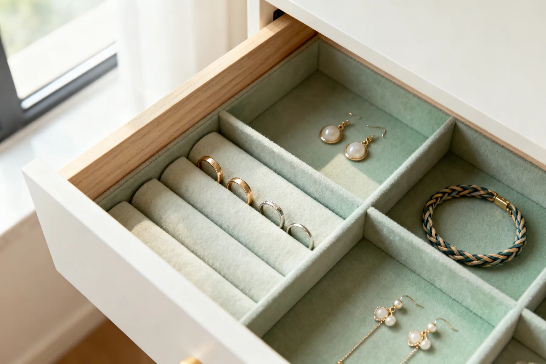 Flat, divided, and one layer deep A shallow fabric-lined drawer divided into compartments holding rings in narrow slots, paired earrings and a coiled bracelet, all visible from above