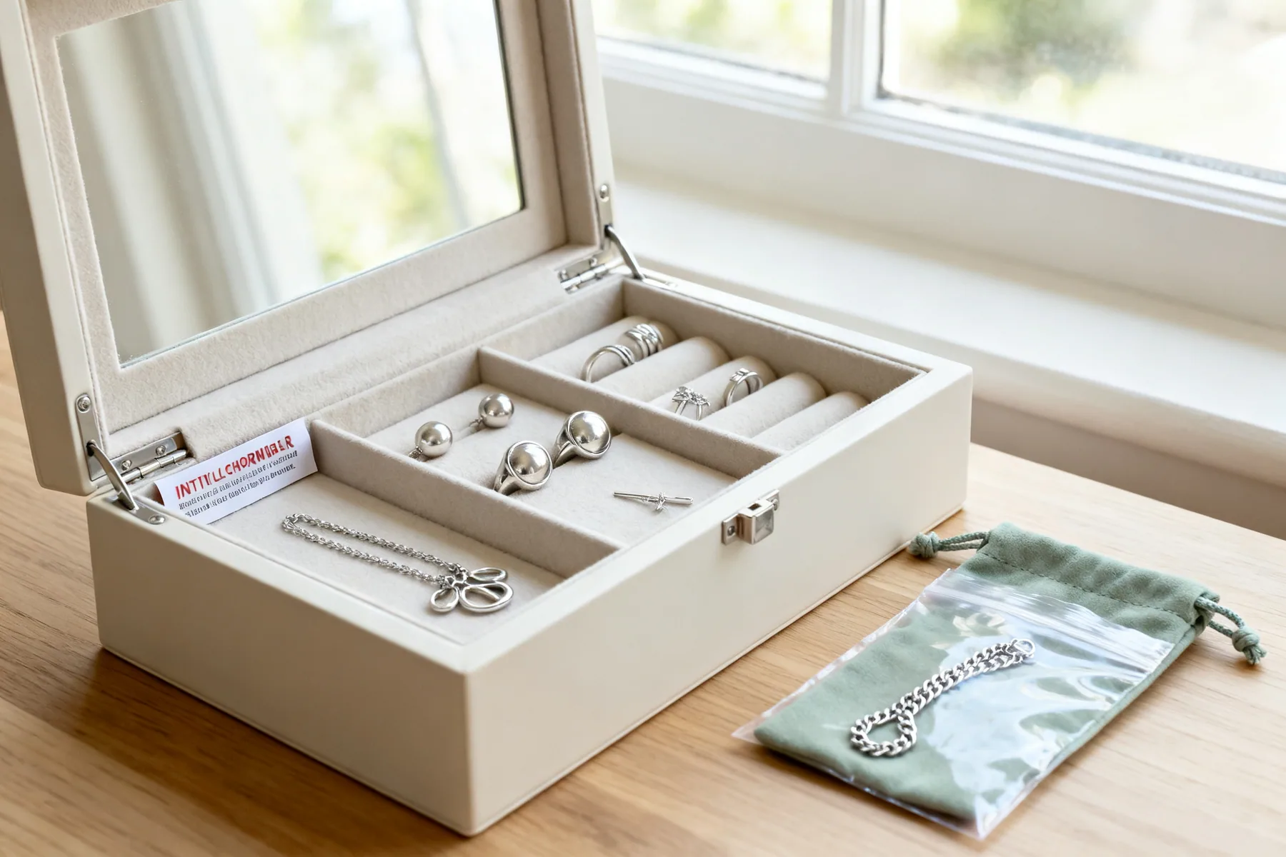 Silver tarnishes from air, so limit the air An open lidded jewelry box with silver pieces on soft lining, an anti-tarnish strip in the corner and a sealed pouch holding a silver chain