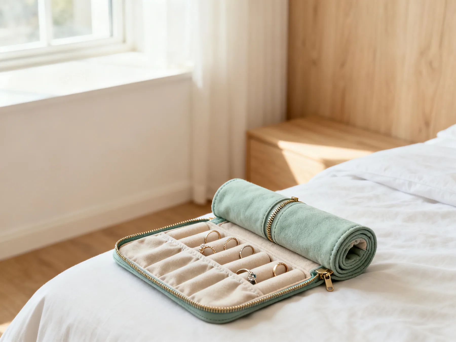 A roll, not a bag, for travel A soft fabric jewelry travel roll partly unrolled showing zipped pockets and padded ring bars with pieces secured inside