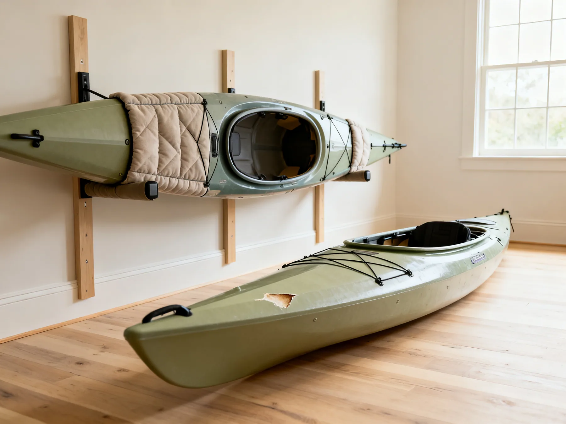 Never store it flat on the hull A kayak stored on its side in padded cradles beside one resting flat on its hull with a visible dent