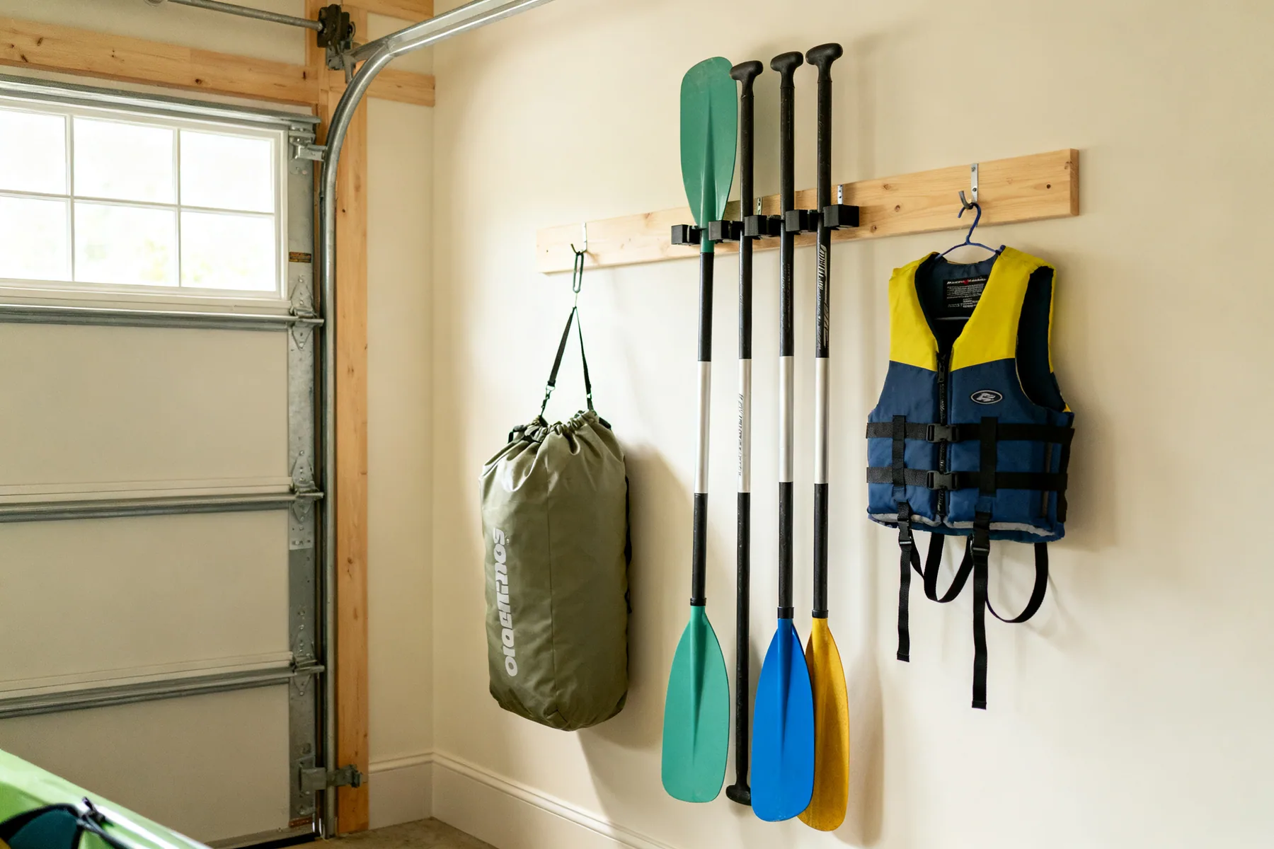 Hang the kit so it dries Paddles clipped to a garage wall rack beside a hanging buoyancy aid and a dry bag, all off the floor