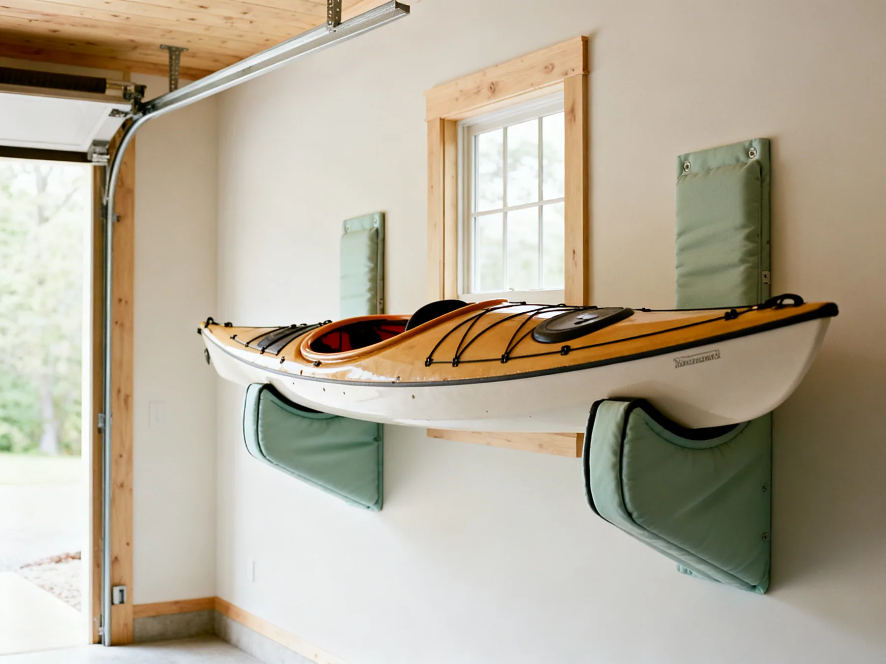 Support it on its side, near the bulkheads A kayak resting on two wide padded wall cradles in a garage, supported near its bulkheads