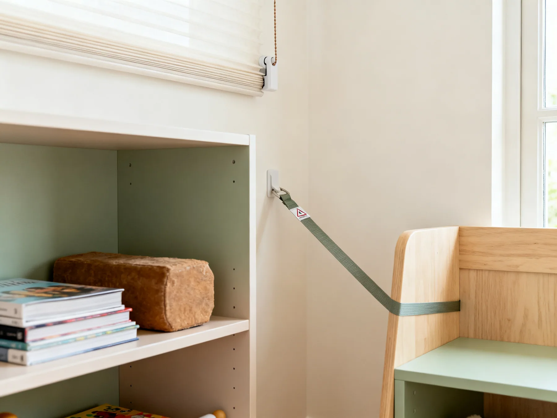 Anchor it, and shorten the blind cords A child bedroom shelving unit with an anti-tip strap securing it to the wall, heavy items low, and a blind cord cleat fixed high out of reach