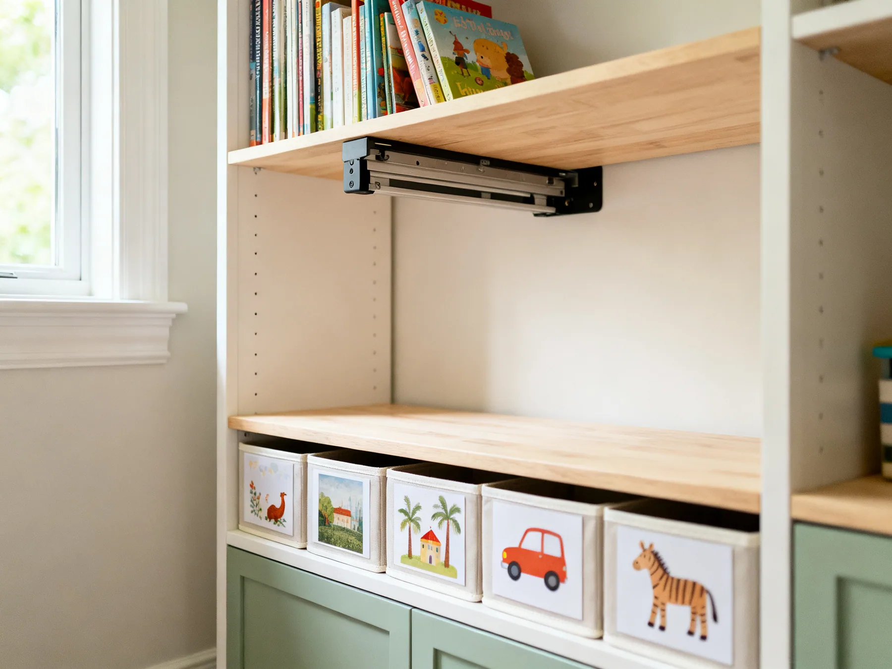Buy something that can be raised later Child room shelving with adjustable shelves, low picture-labelled bins and a higher shelf of books, a system that can be raised over time