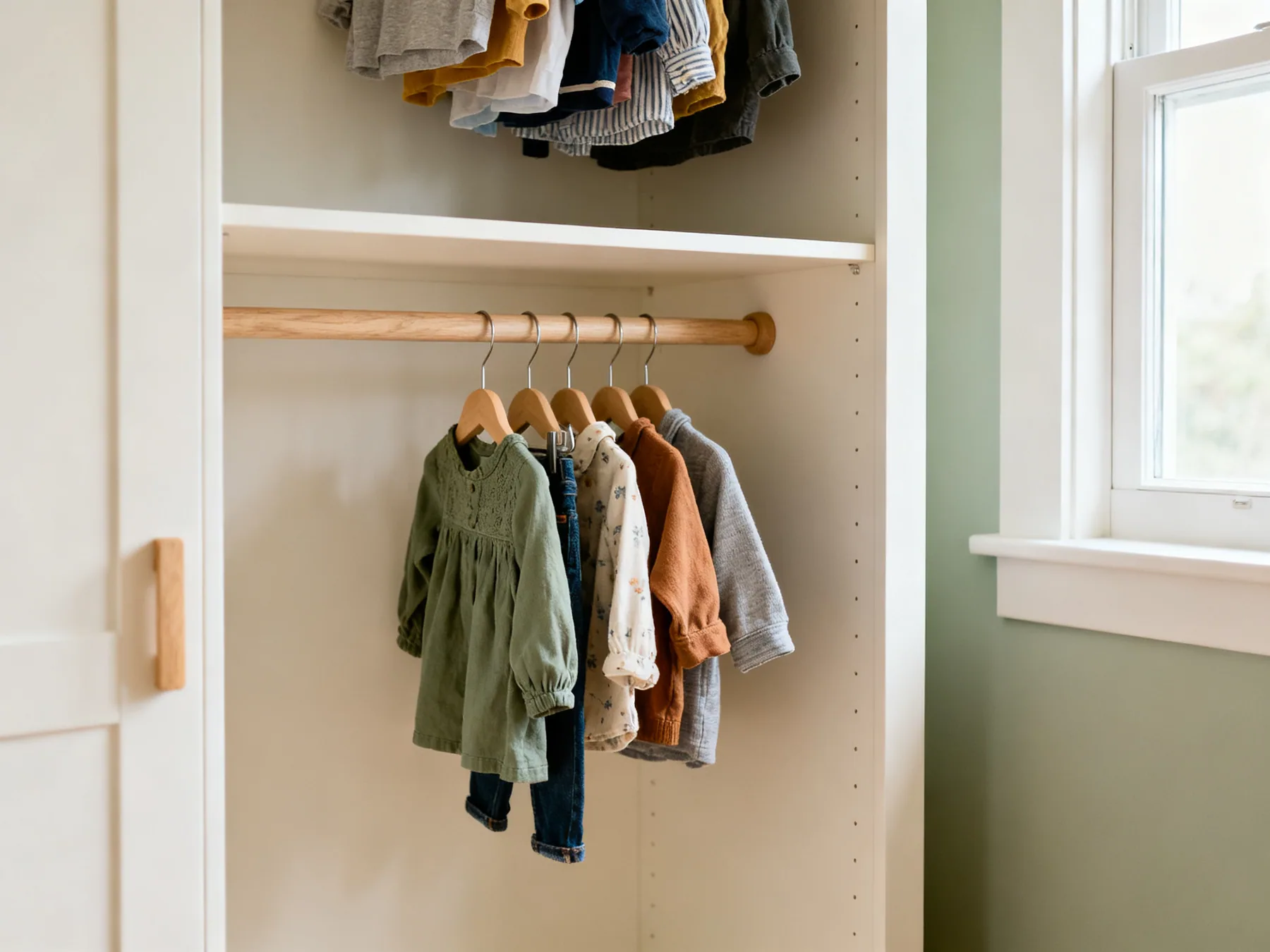 Drop the rail, add one above it A child wardrobe with the hanging rail lowered to child waist height and a second rail above holding out-of-season clothes