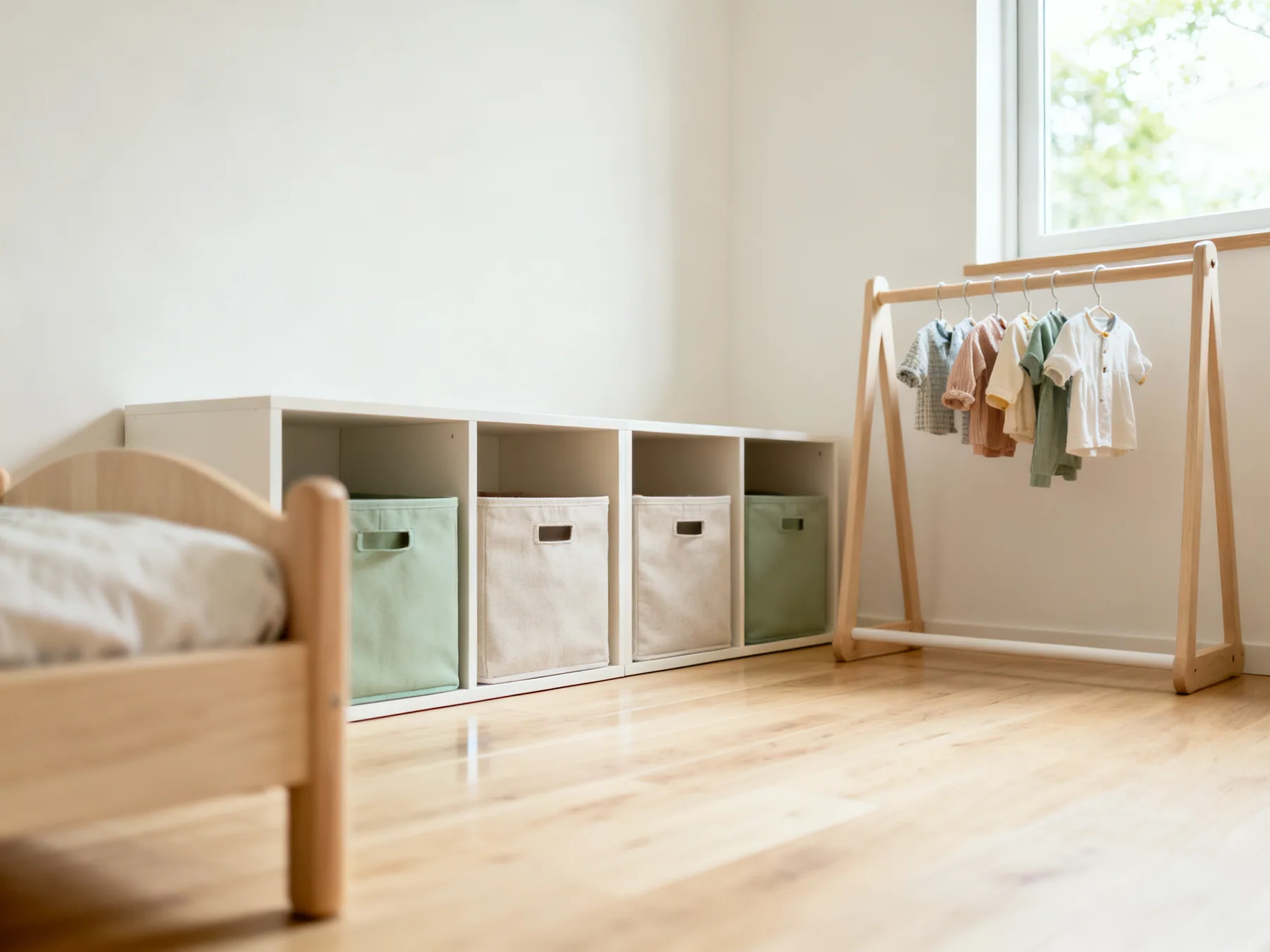 Everything daily below their shoulder A child bedroom with low shelving holding labelled fabric bins at child height, a low clothes rail with small garments, and a clear floor