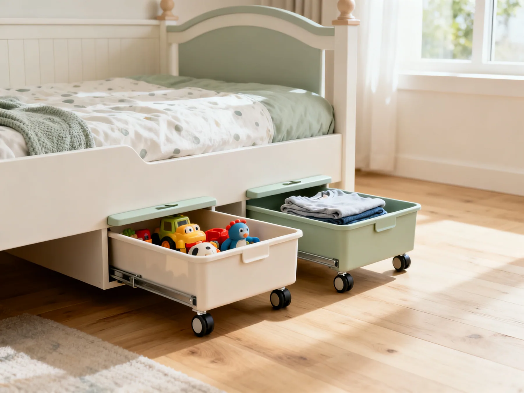 Under-bed boxes a child can pull themselves Two shallow lidded boxes on castors pulled part-way from under a child bed, one holding toys and one folded clothes