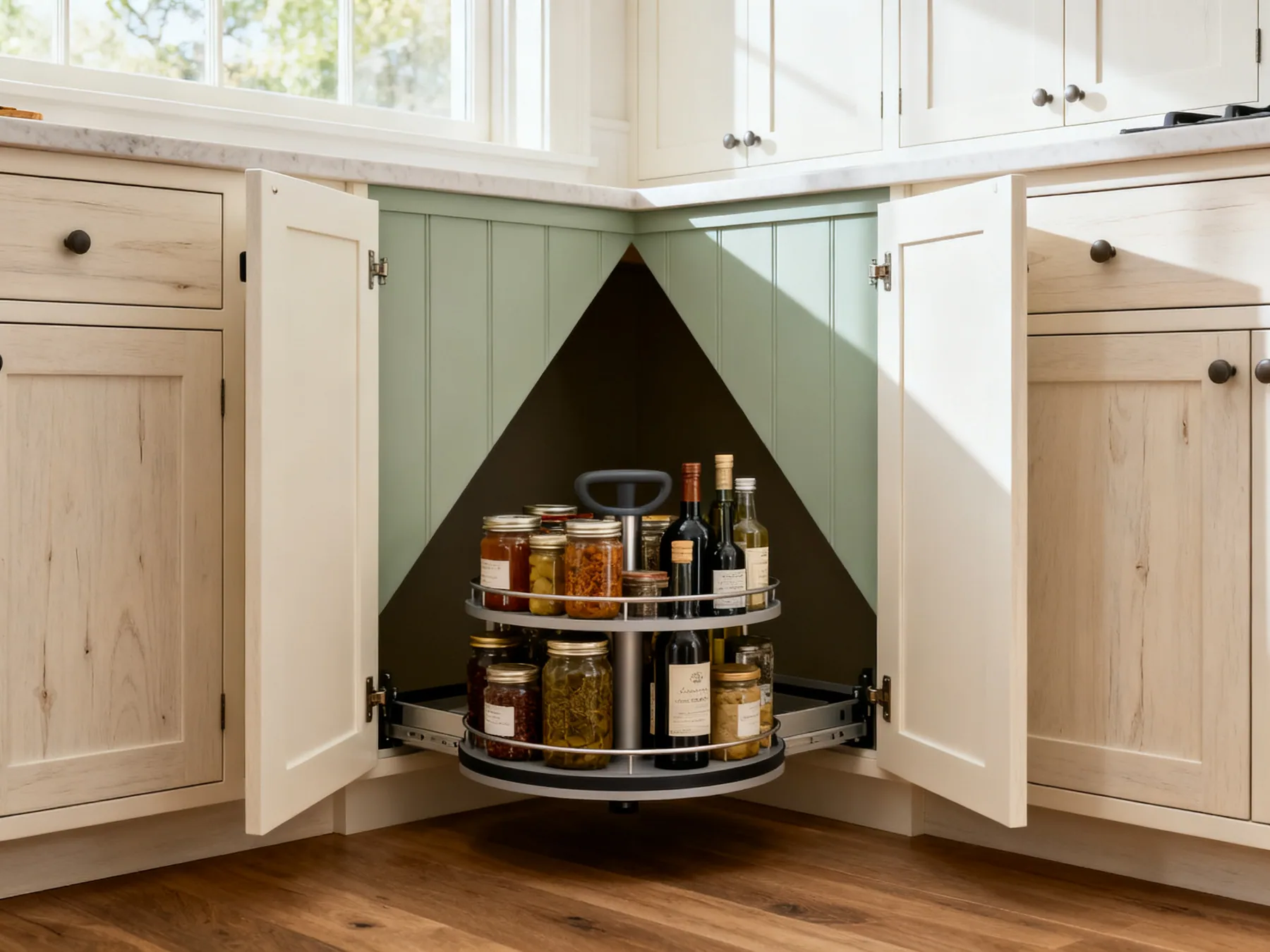 A carousel makes a blind corner addressable A kitchen corner cabinet with a rotating carousel swung out into view holding jars and bottles, with the deep triangular corner void visible behind