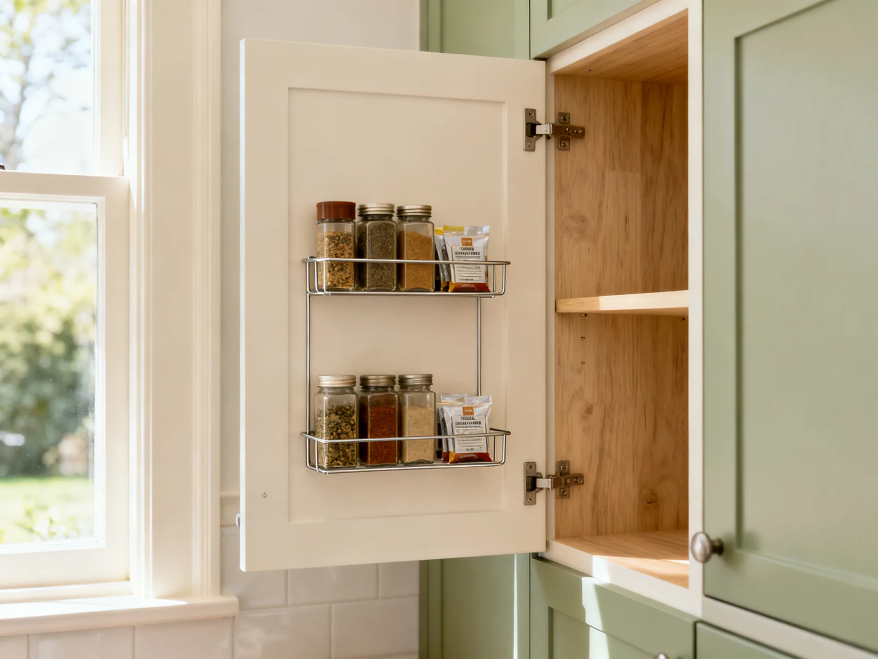 The inside of the door is free storage The inside of a kitchen cupboard door fitted with two slim wire racks holding spice jars and small packets