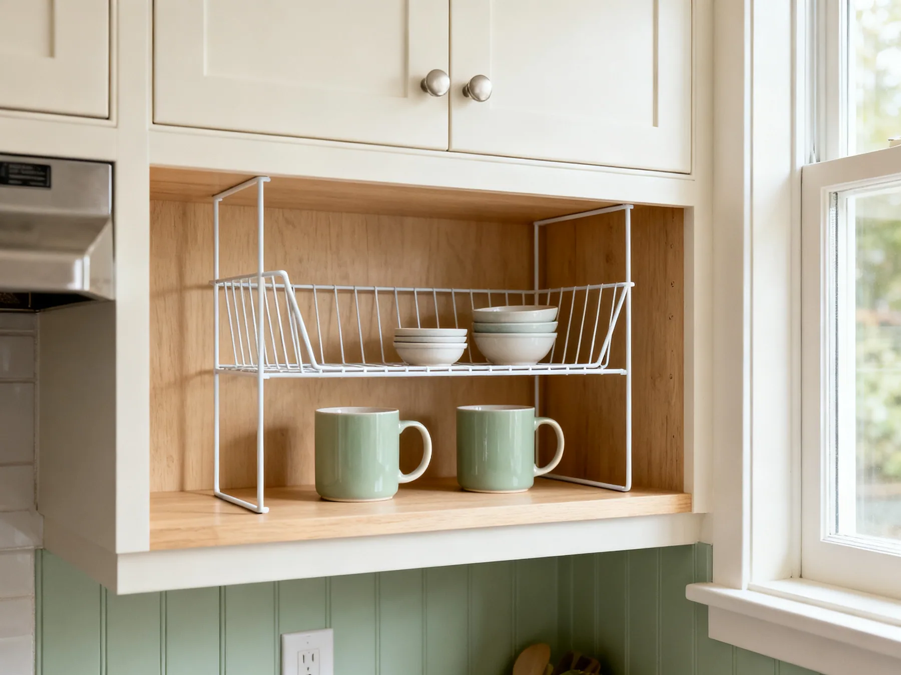 A shelf inside a shelf, no fixings A wire half-shelf insert inside a kitchen cupboard with mugs beneath it and small bowls stacked on top