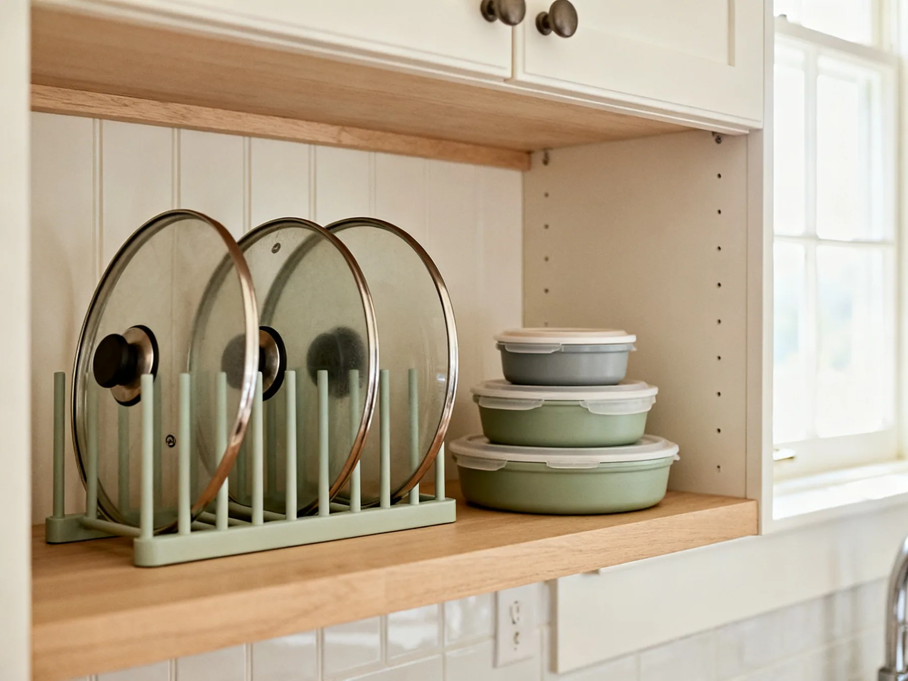 Lids upright, never in a pile A kitchen cupboard shelf with pan lids standing upright in a slotted rack beside a stack of nesting containers