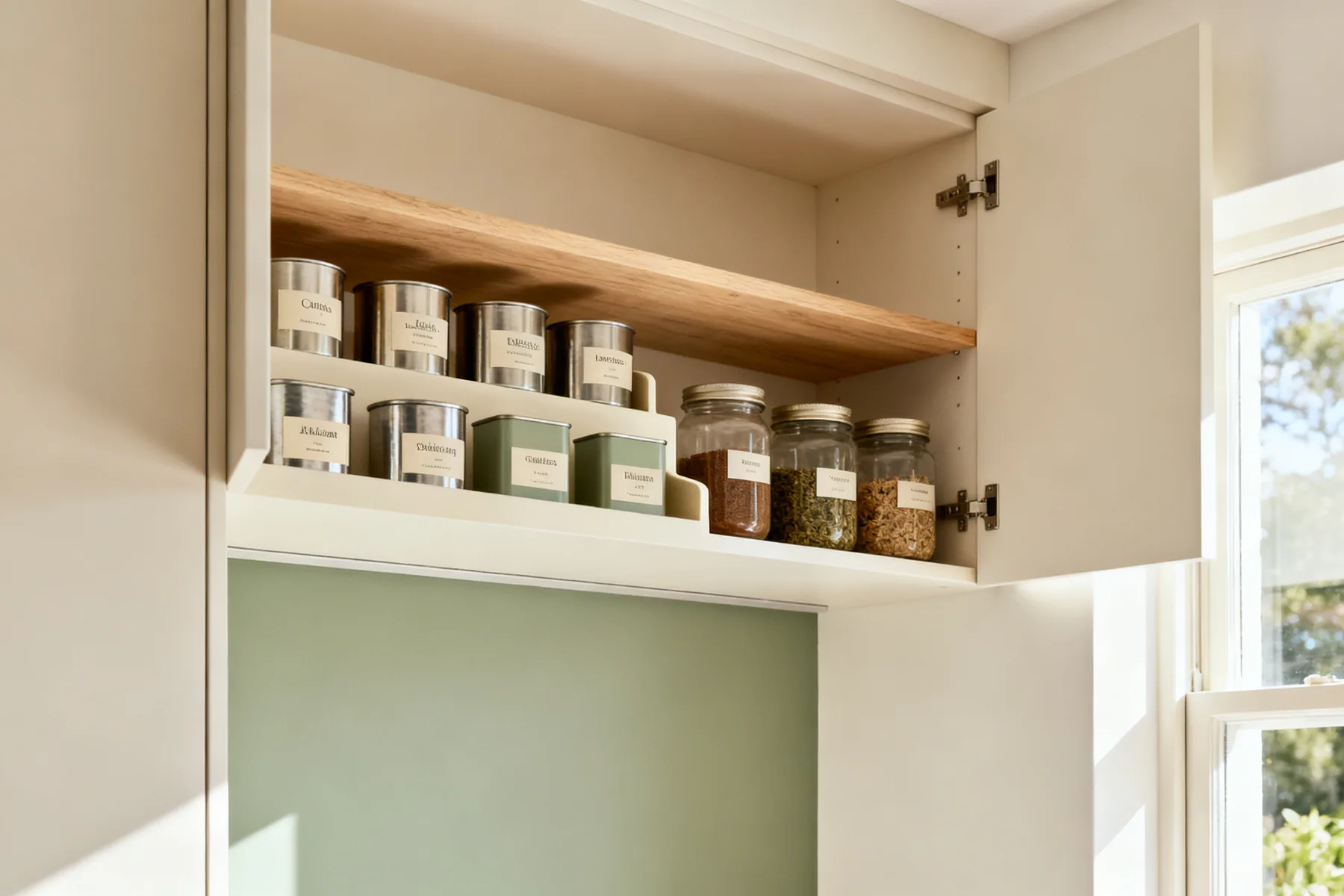 Most cupboards are half air An open kitchen wall cupboard with a stepped riser holding tins and jars with labels readable, and an internal half-shelf above