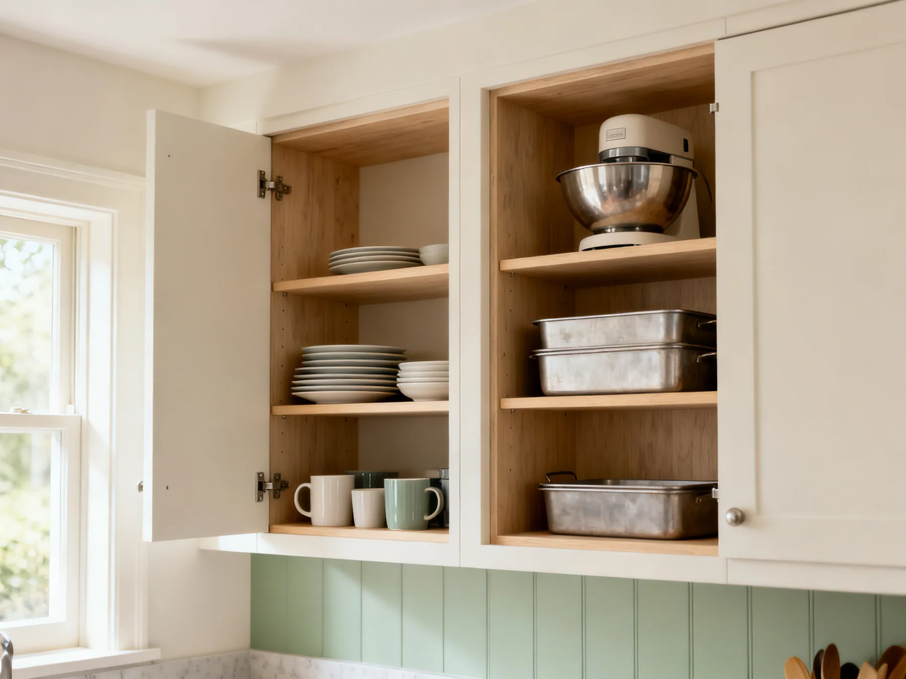 Daily things at eye level, the rest above Two open kitchen cupboards, one holding everyday plates and mugs at eye level and one holding baking tins and a processor bowl higher up