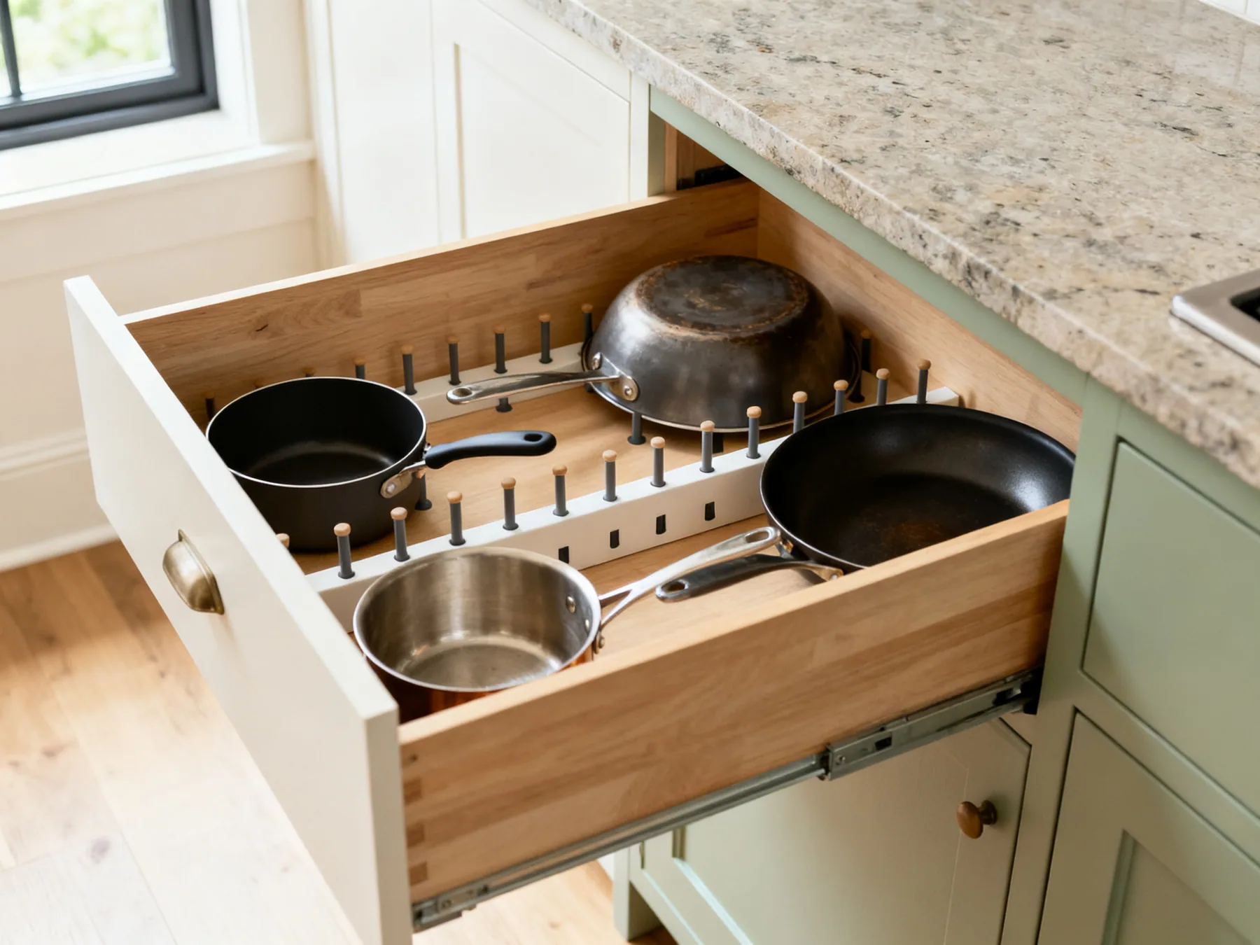 Pans on edge, one slot each A deep kitchen drawer viewed from above with pans stood on their edges in individual slots formed by adjustable peg dividers