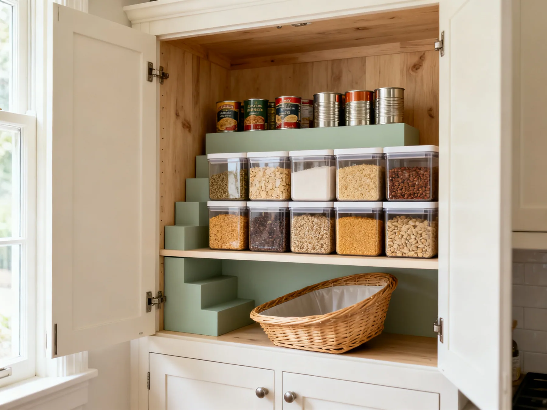 Square containers tessellate, round ones do not An open pantry with dry goods in square airtight containers packed with no wasted gaps, a stepped riser making the back row of tins visible, and a shallow use-first basket at the front