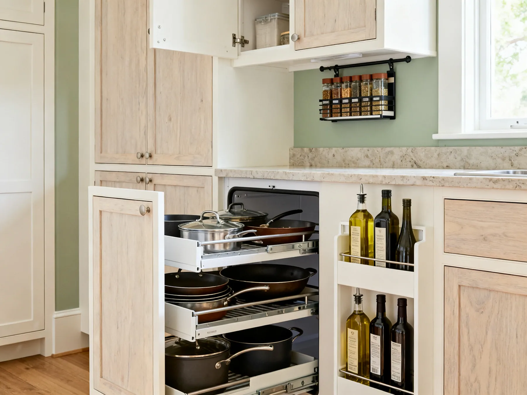 A deep kitchen cabinet converted to a full-extension pull-out A kitchen base cabinet with a full-extension pull-out tray of pans drawn right out, a narrow two-tier pull-out for tall bottles beside it, and a spice rack fixed inside an open wall cabinet door