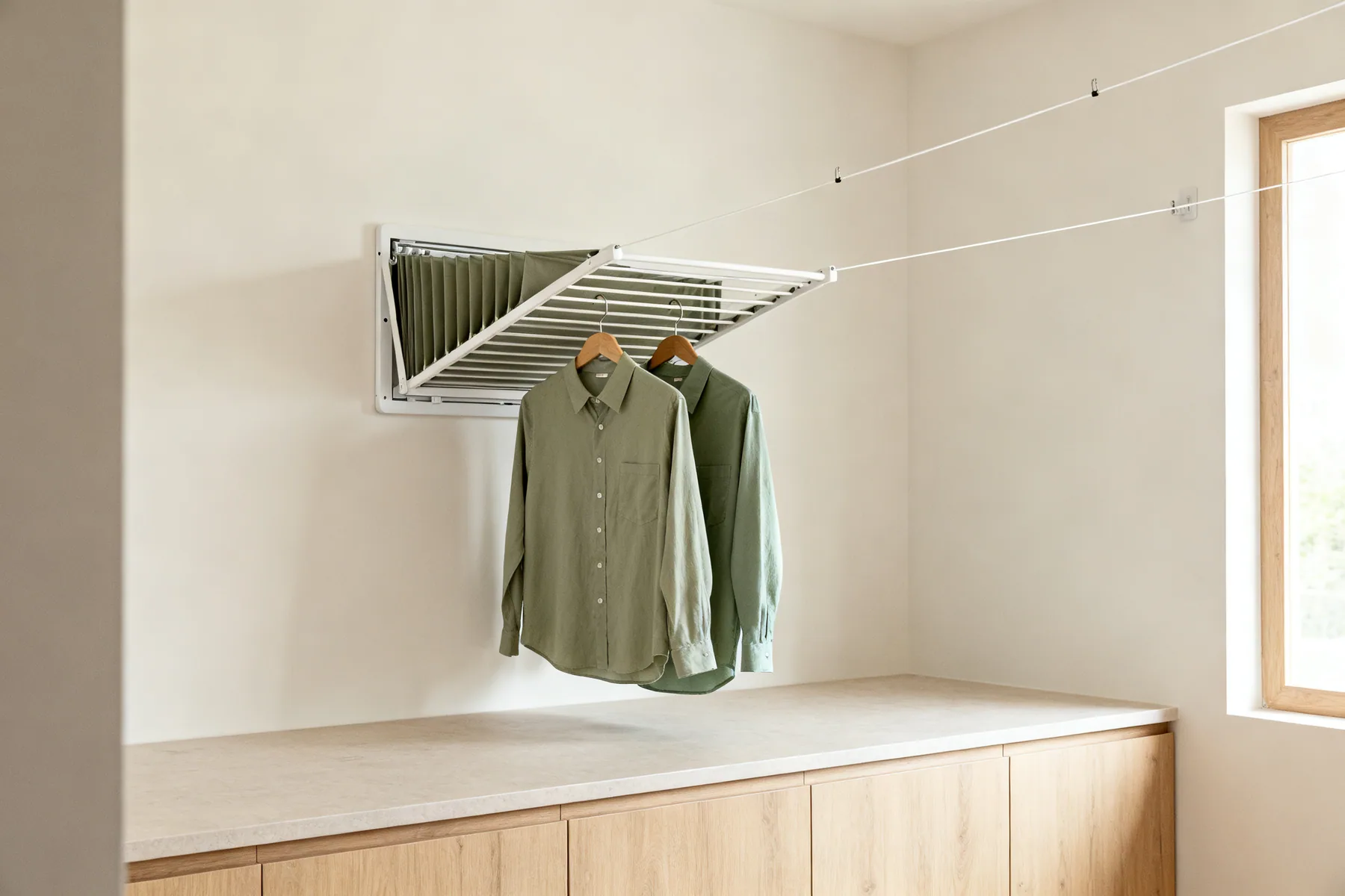 Drying is storage too, and it needs air A wall-mounted concertina drying rack partly open above a utility room worktop holding two shirts on hangers, with a retractable line fixed above