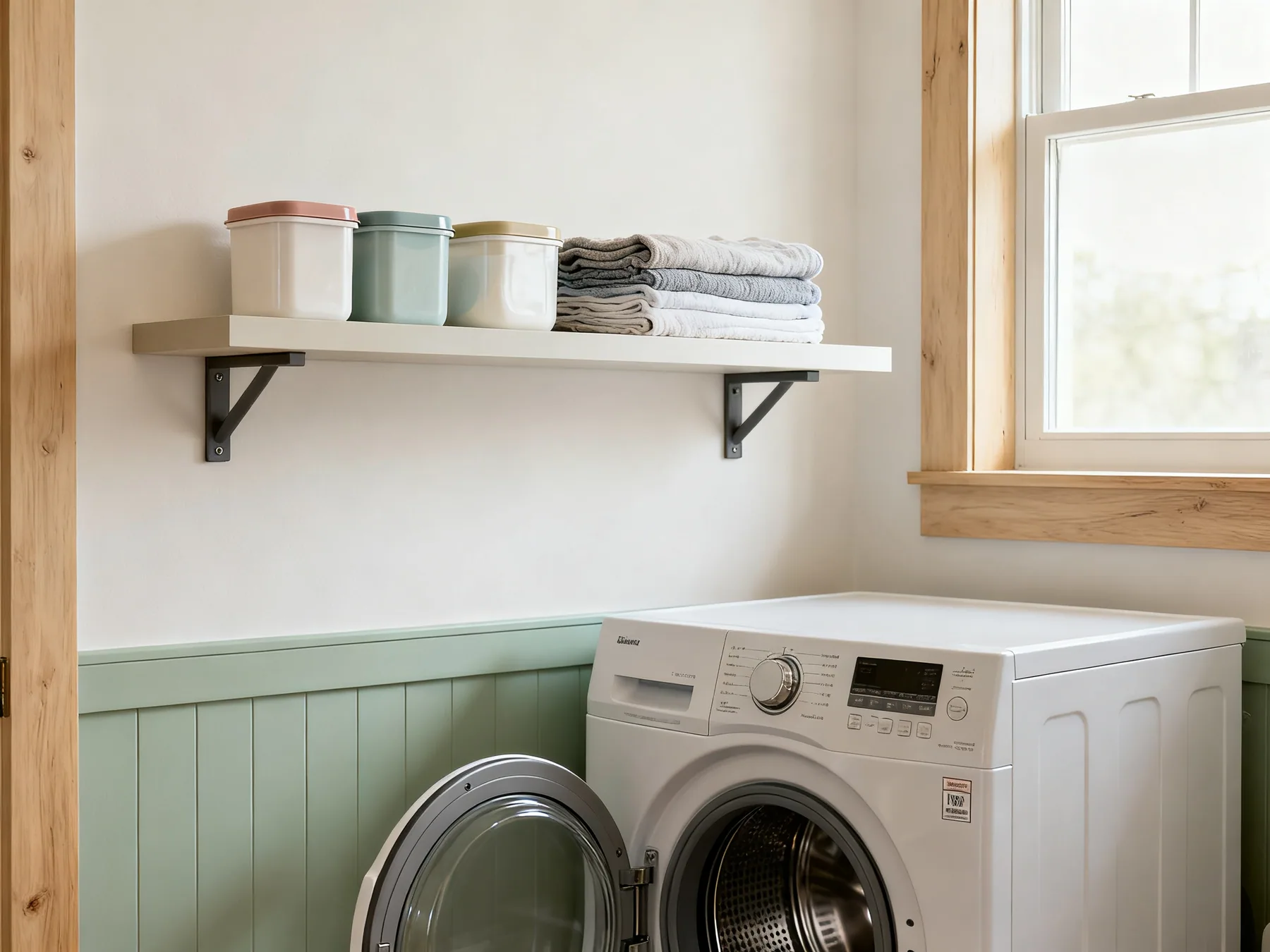 The wall above the machines is the main prize A sturdy shelf on brackets above a front-loading washing machine holding lidded detergent containers and folded cloths, with the machine door able to open fully