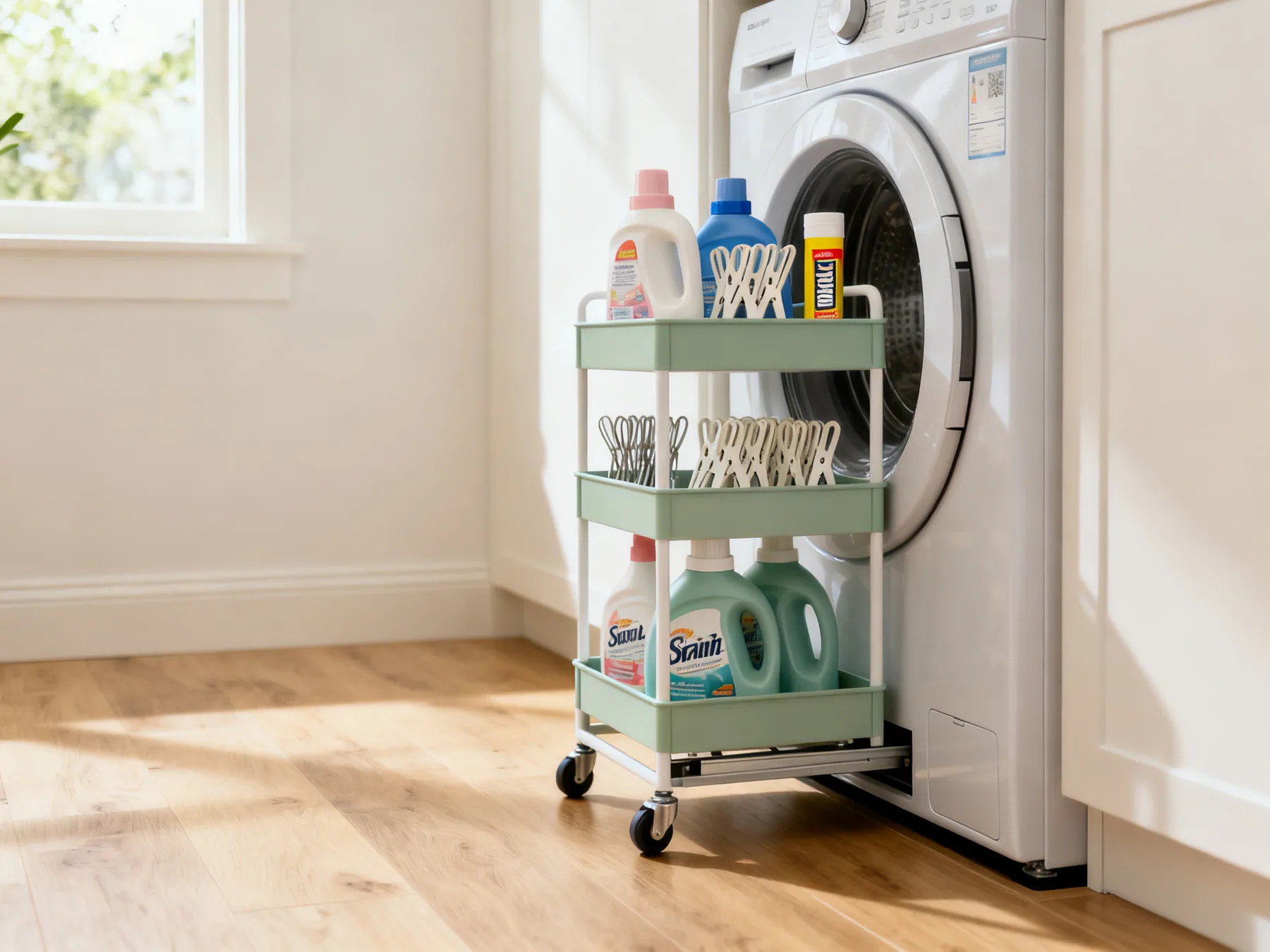 The gap beside the machine is real storage A narrow three-tier rolling cart pulled halfway out of the gap between a washing machine and a wall, holding detergent, pegs and a stain stick