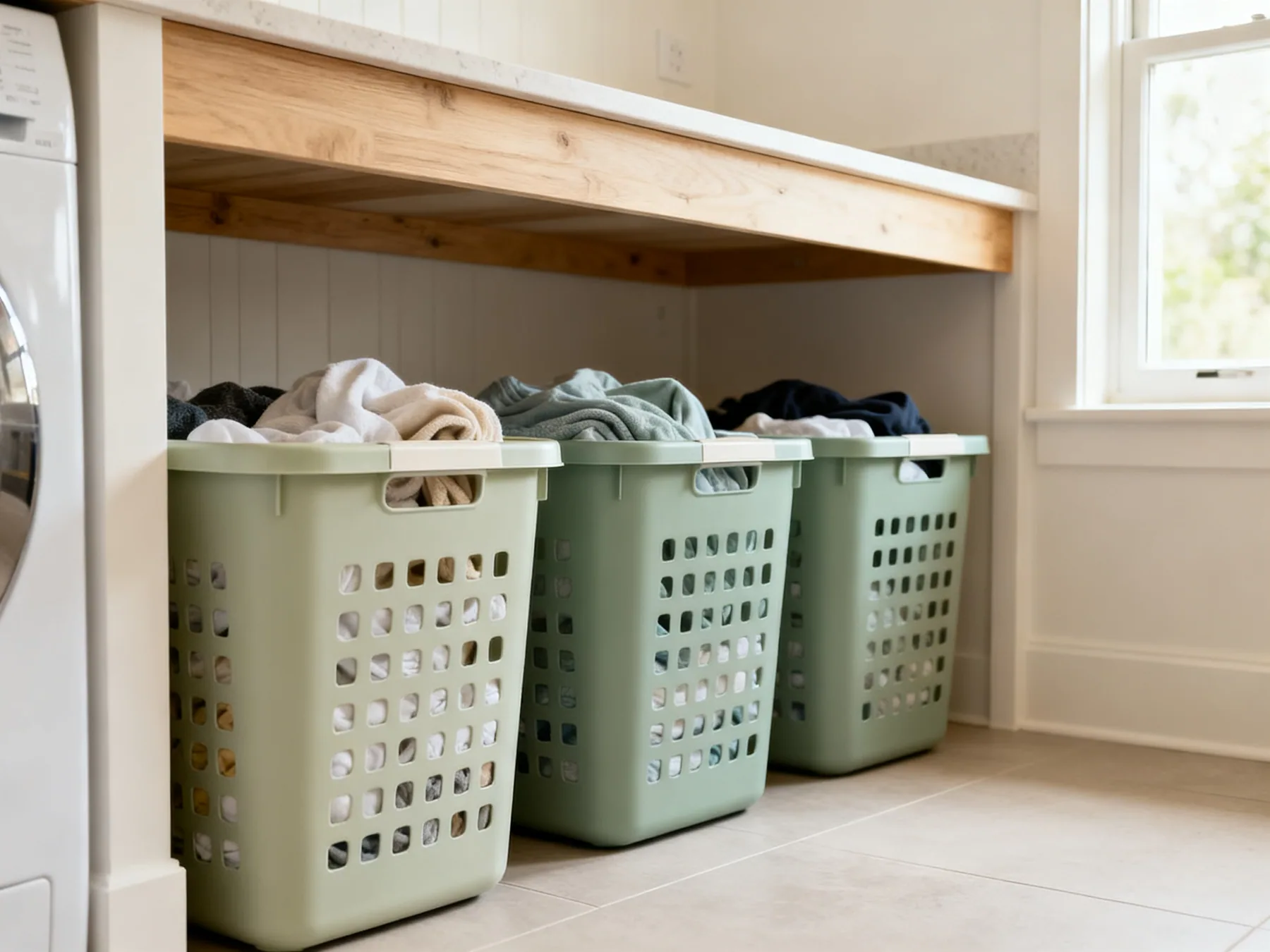 Sort on the way in, not on the day Three labelled laundry baskets in a row under a utility room worktop for whites, colours and delicates, each part-filled