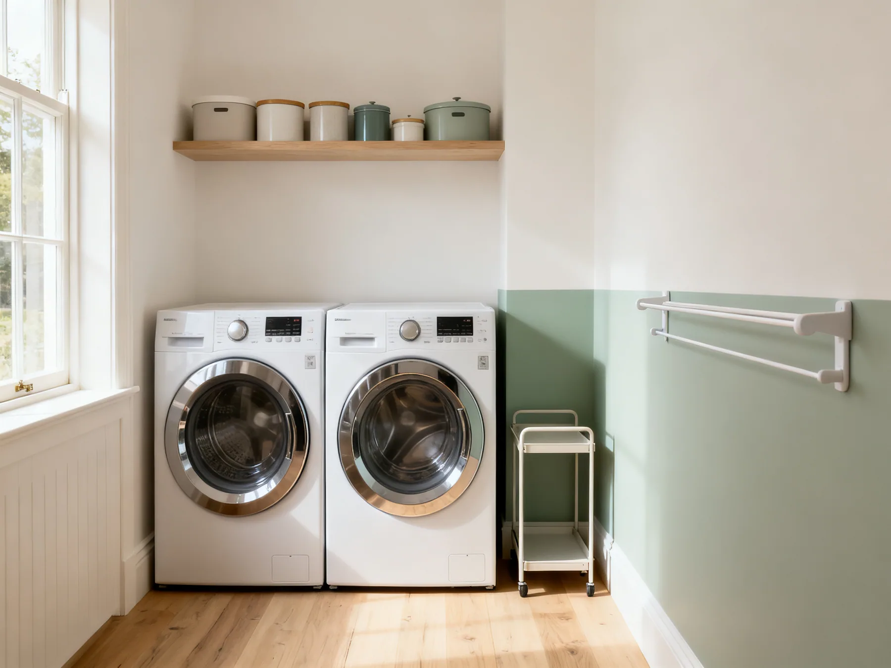 A laundry room is mostly wall A compact utility room with washing machine and dryer side by side, a shelf above holding lidded containers, a slim cart in the gap and a wall-mounted drying rail