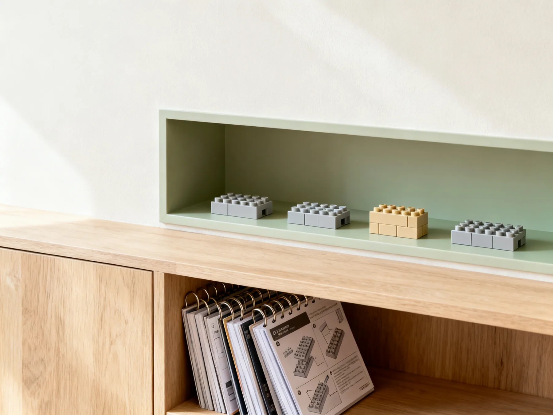 Built models on a shallow shelf, out of the sun A shallow open display shelf holding four finished plastic brick models spaced apart, with ring binders of instruction booklets standing upright on the shelf below