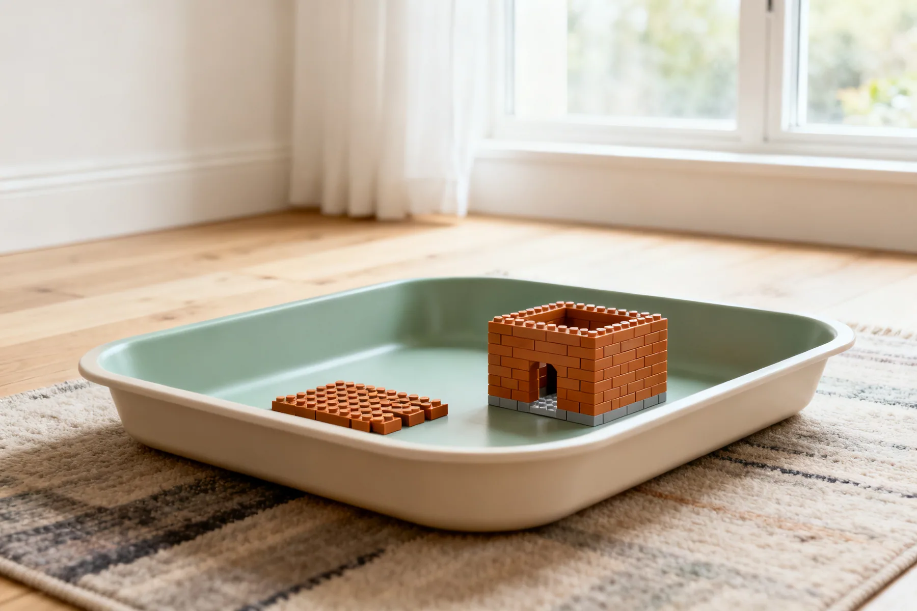A build tray stops the migration across the floor A large shallow-sided tray holding a part-built plastic brick model and a single scattered layer of loose bricks, all contained within the tray edges