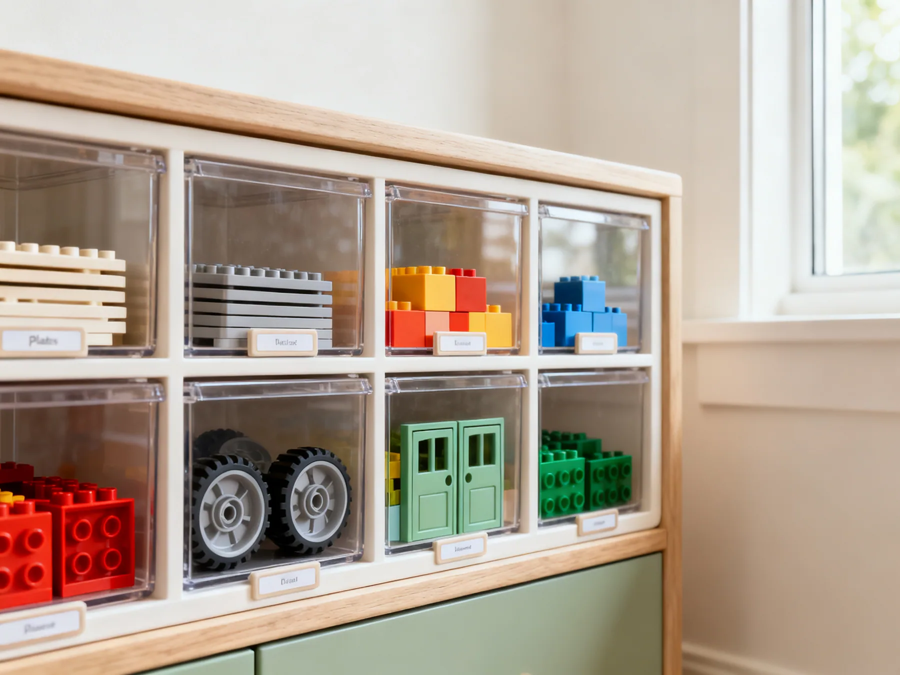 Sorted by shape, labelled with pictures A bank of small transparent drawers each holding one shape family of plastic building bricks, with simple picture labels on the fronts