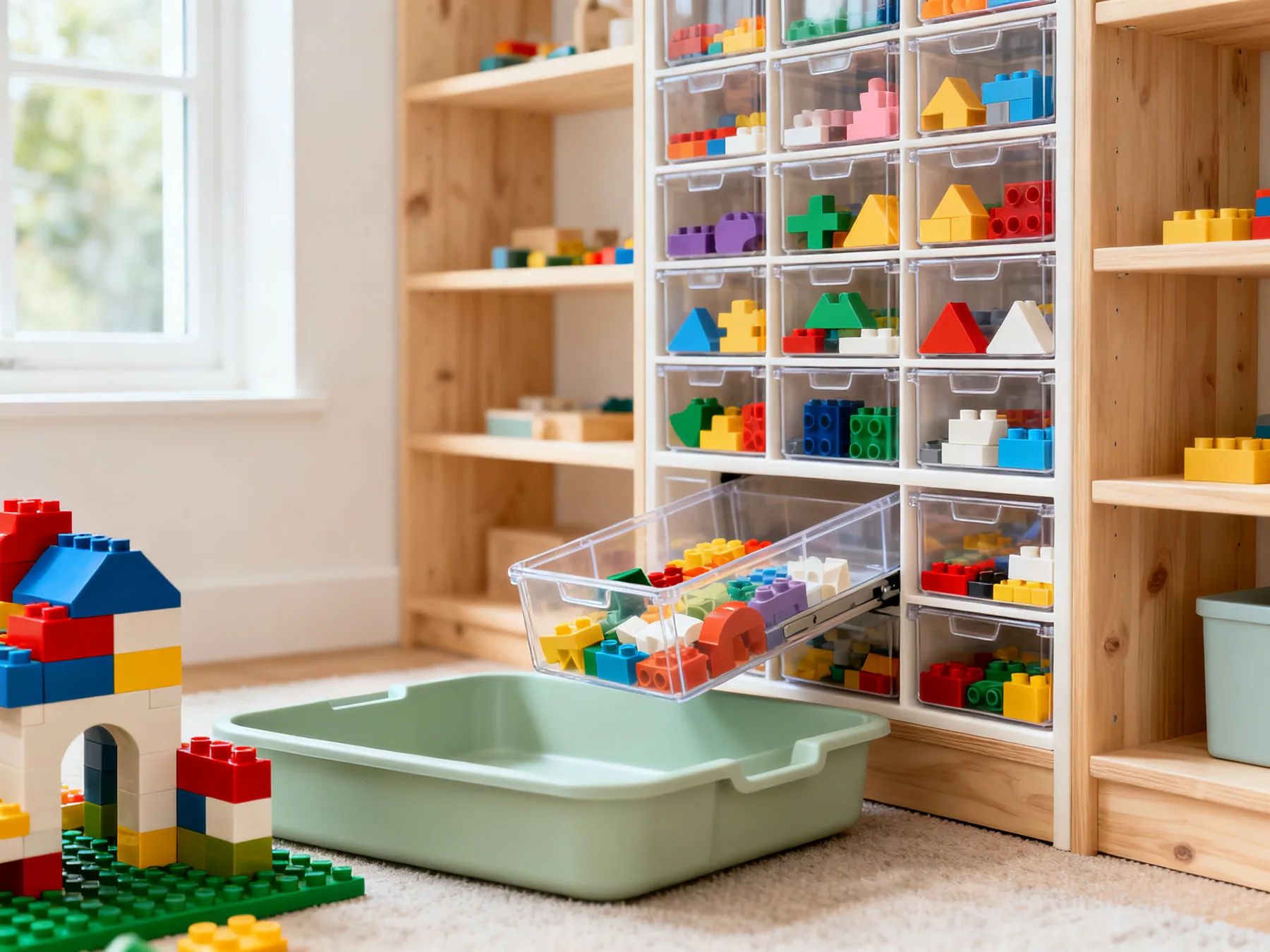 Shape-sorted bricks in shallow transparent drawers A unit of small transparent shallow drawers each holding one shape family of plastic building bricks, with one drawer pulled out beside a large shallow build tray and a part-built model
