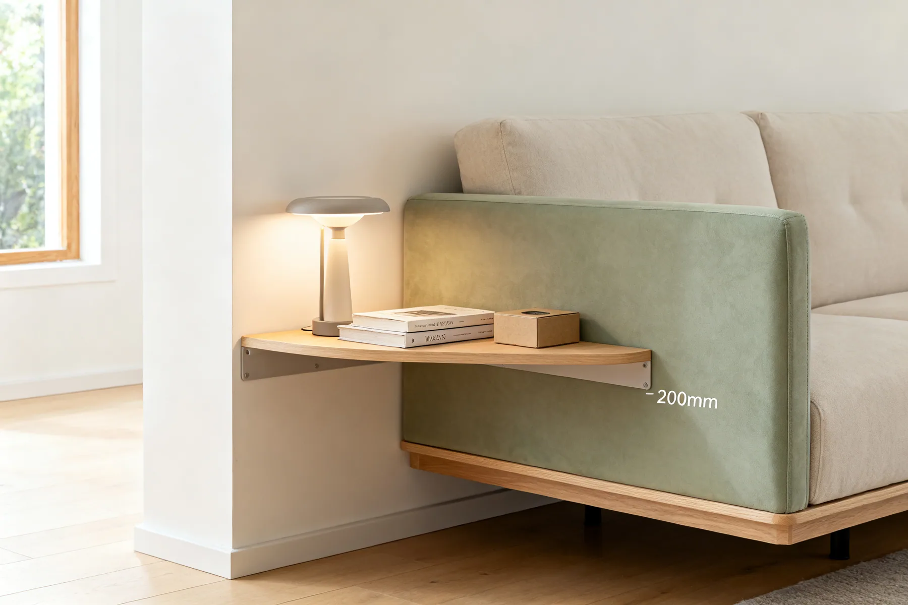The gap behind a floating sofa A slim console table about 250mm deep behind a floating sofa, holding a lamp, two books and a small box