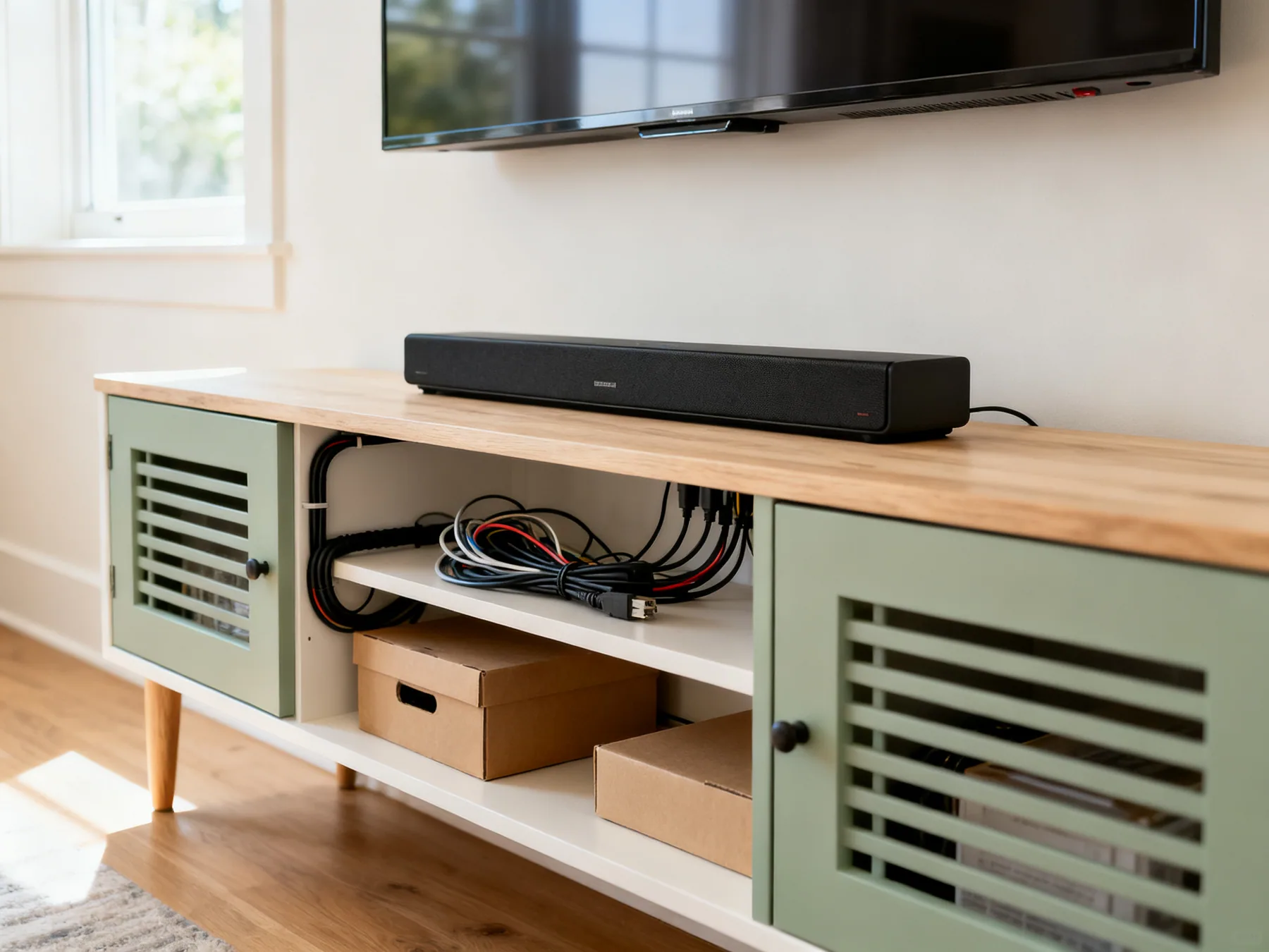 Vented doors, and deal with the cables once A low media unit under a wall-mounted television with cables bundled in a management channel, a soundbar above and equipment behind vented doors