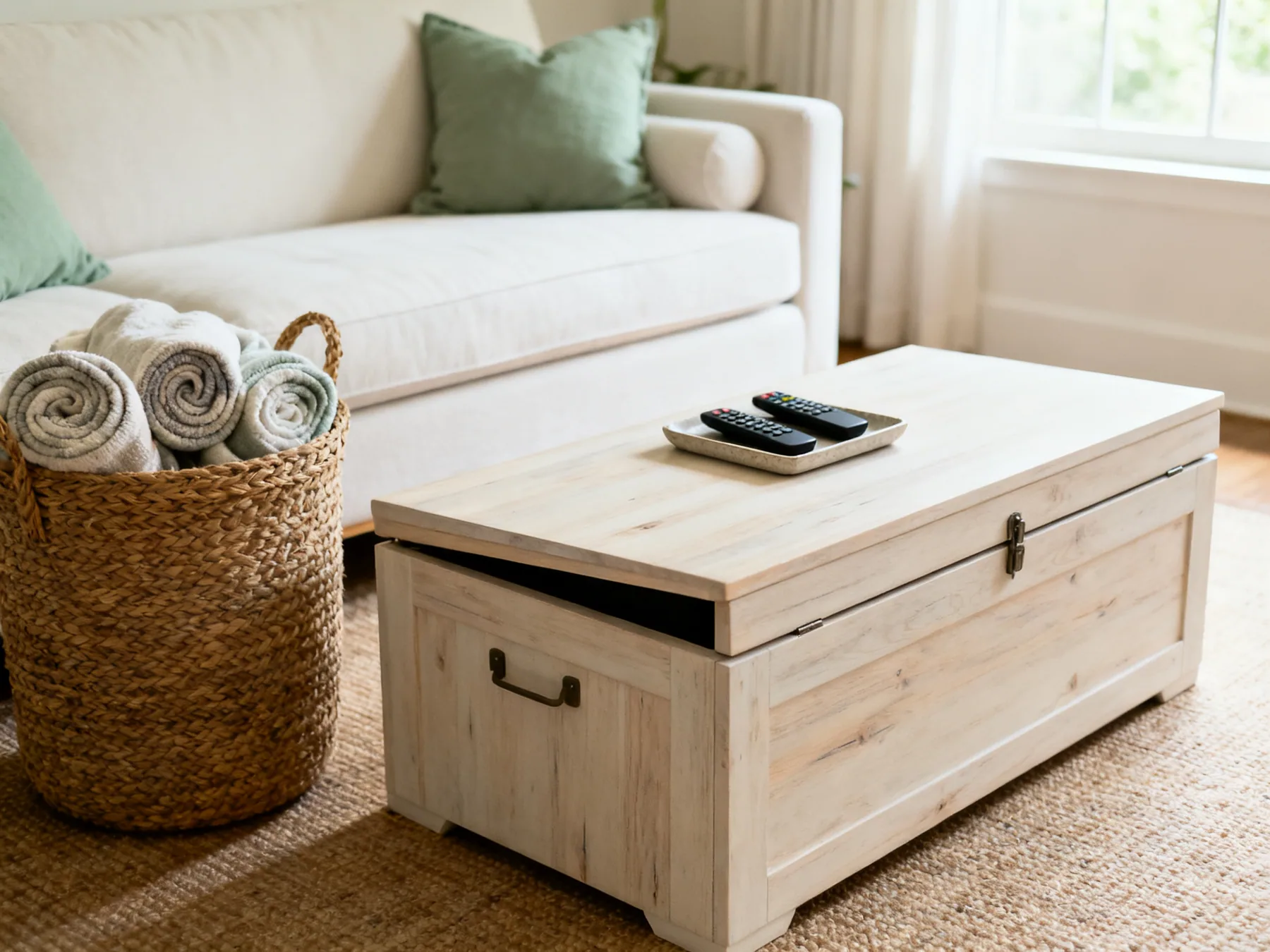 Storage that is already furniture A living room with a lidded storage ottoman used as a coffee table, a woven basket of rolled blankets beside the sofa and a tray holding remotes
