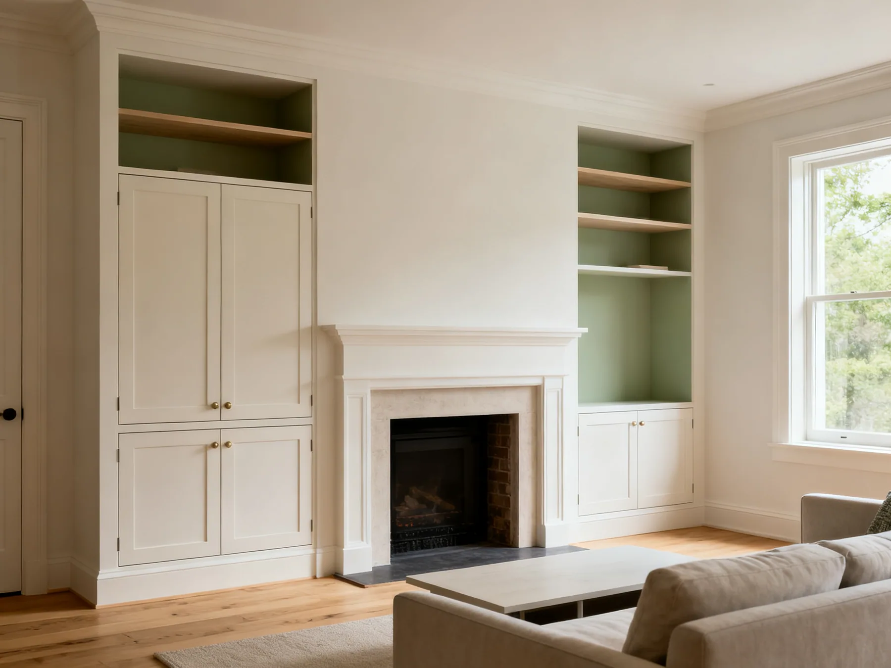 The alcoves are the best storage in a living room A living room with built-in closed cabinetry in the alcoves either side of a chimney breast and open shelving above