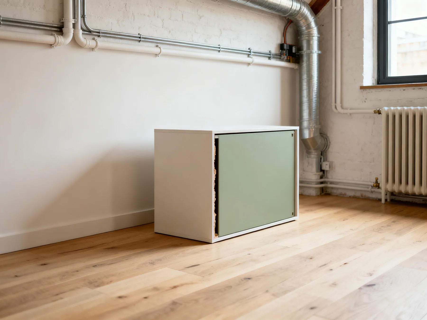 Do not fix into what you cannot see behind A loft apartment wall with exposed pipework and ductwork, and a freestanding storage unit positioned clear of it with a visible gap
