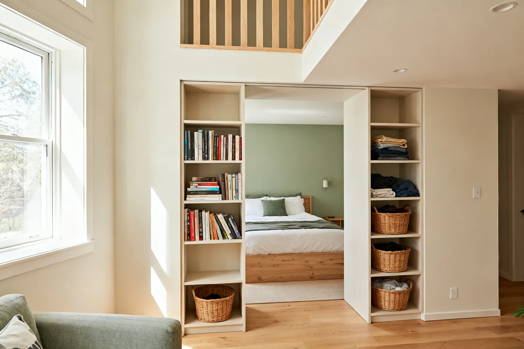 Make the divider do the storing An open-plan loft where a double-sided shelving unit separates sleeping and living areas, holding books on one face and baskets on the other