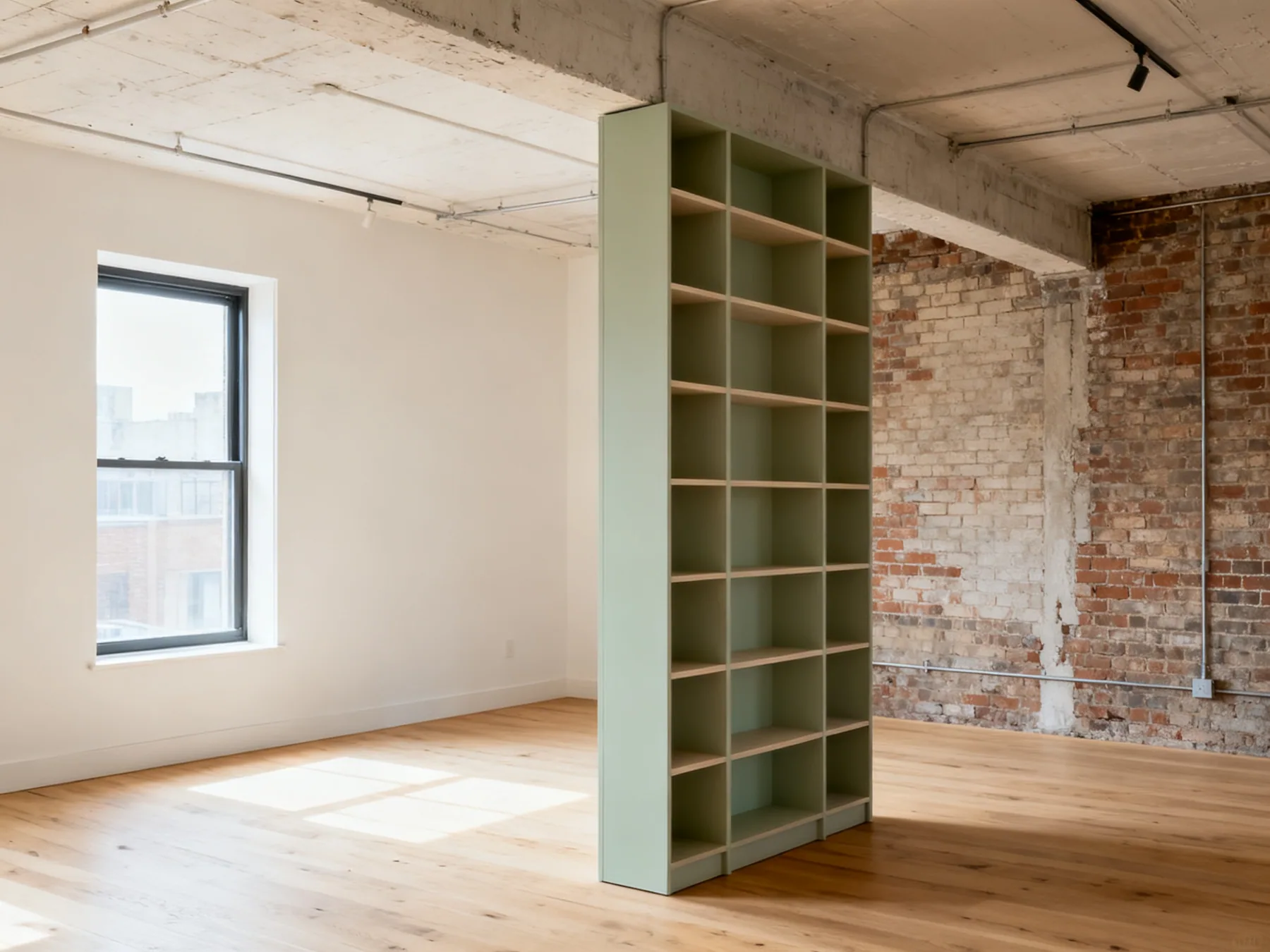 Height you have, walls you do not A loft apartment with high ceilings and exposed brick, with a tall freestanding shelving unit dividing the open space